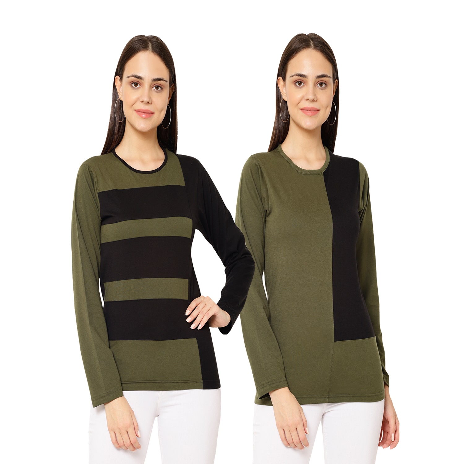 

VIMAL JONNEY Cotton Colorblocked Olive Black Color T-Shirt For Women (Pack Of 2)