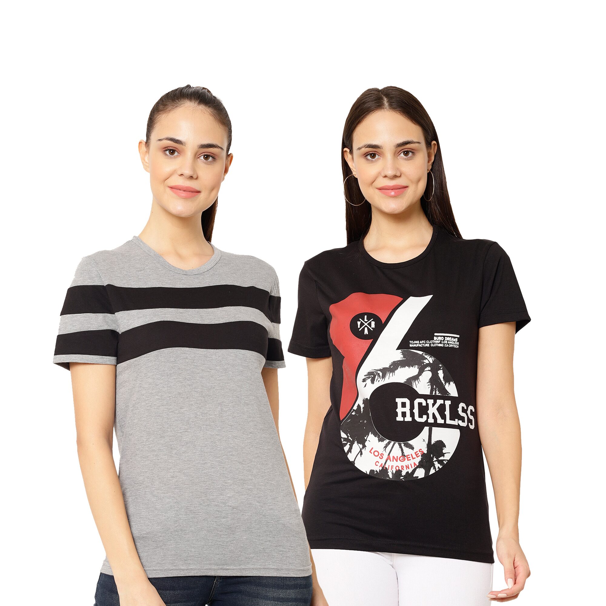 

VIMAL JONNEY Women Grey Black Regular fit Round neck Cotton T shirt