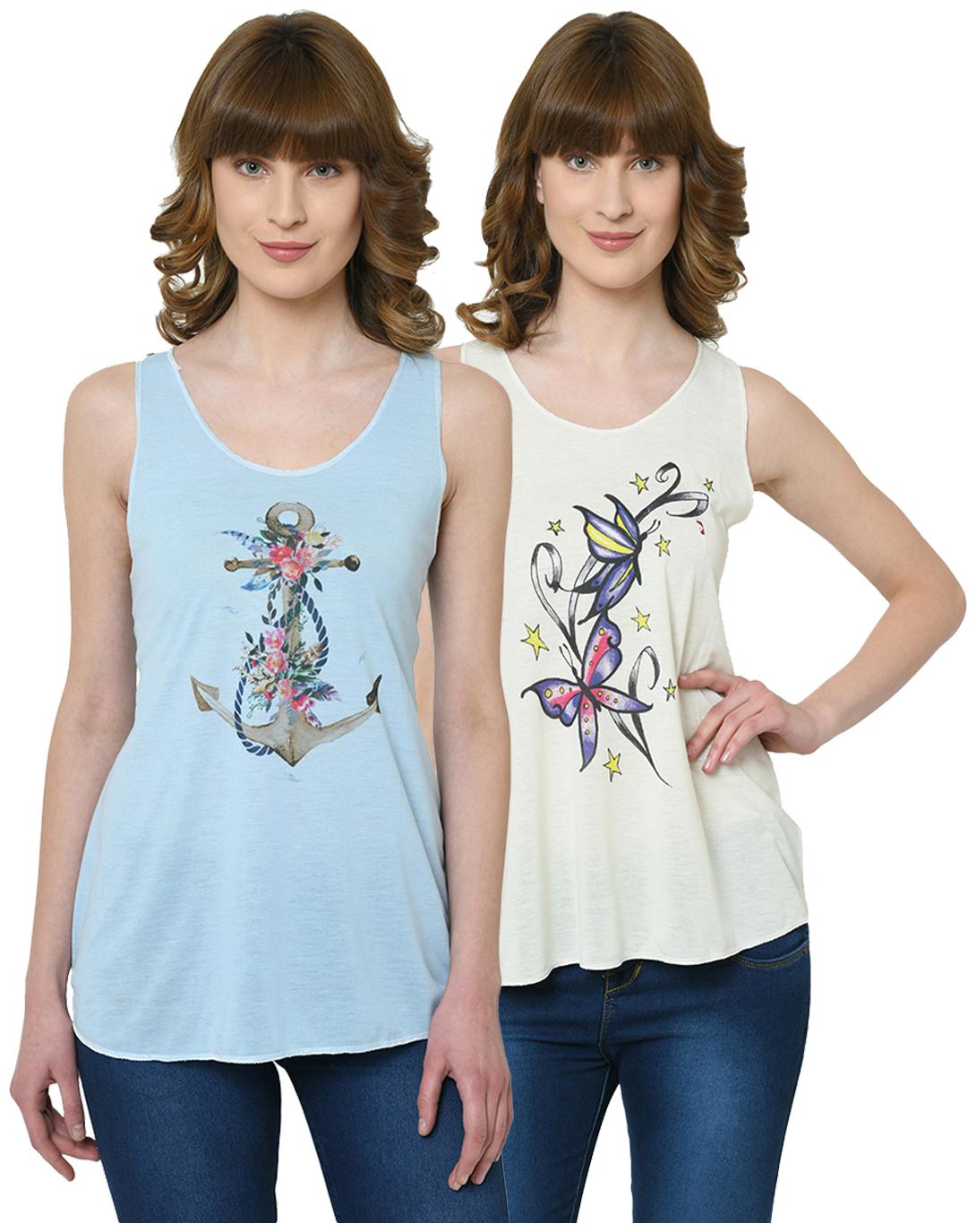 

VIMAL JONNEY Women Blue Cream Regular fit U neck Polyester Tank top