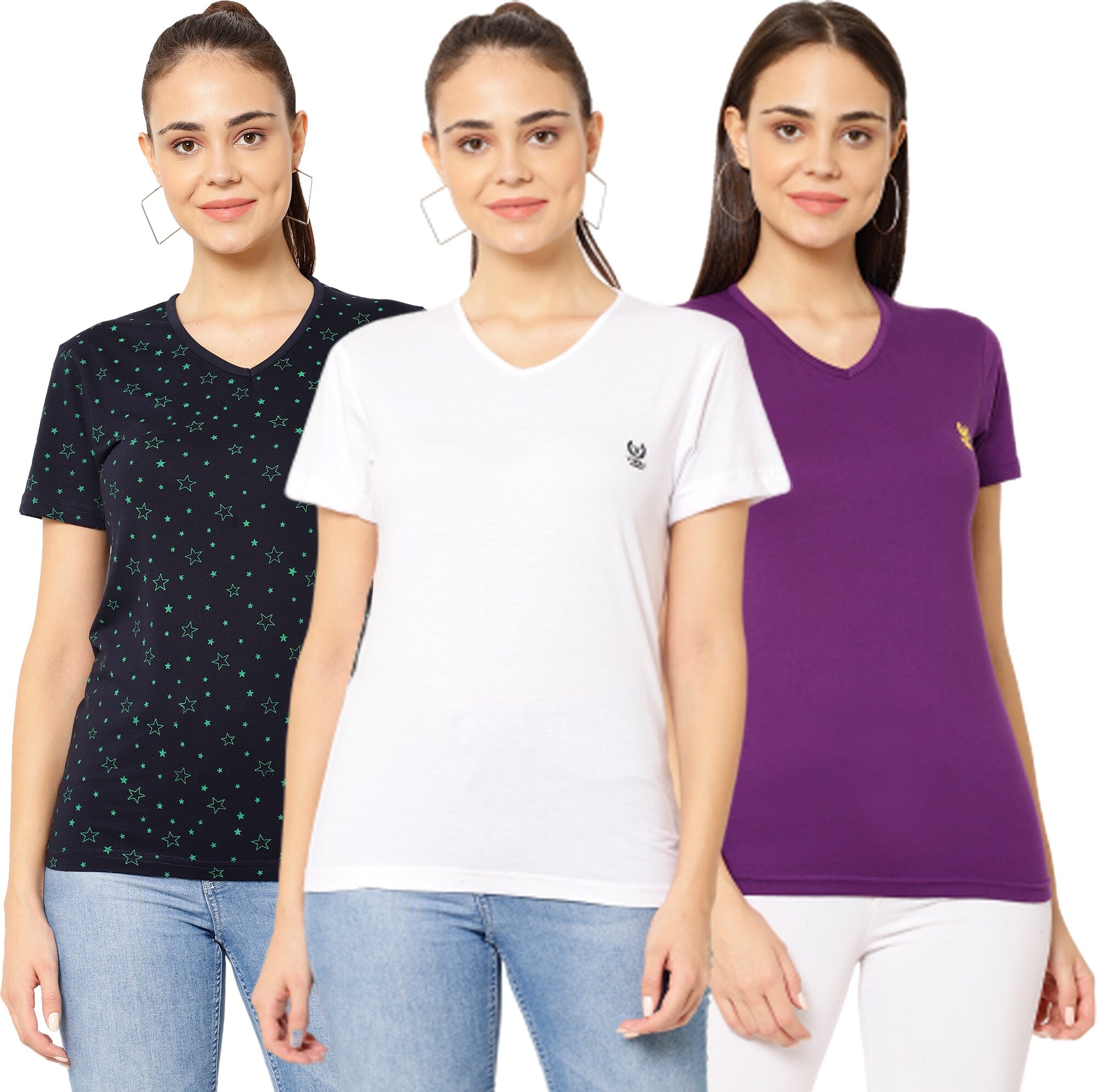 

VIMAL JONNEY Women Multi Regular fit V neck Cotton T shirt