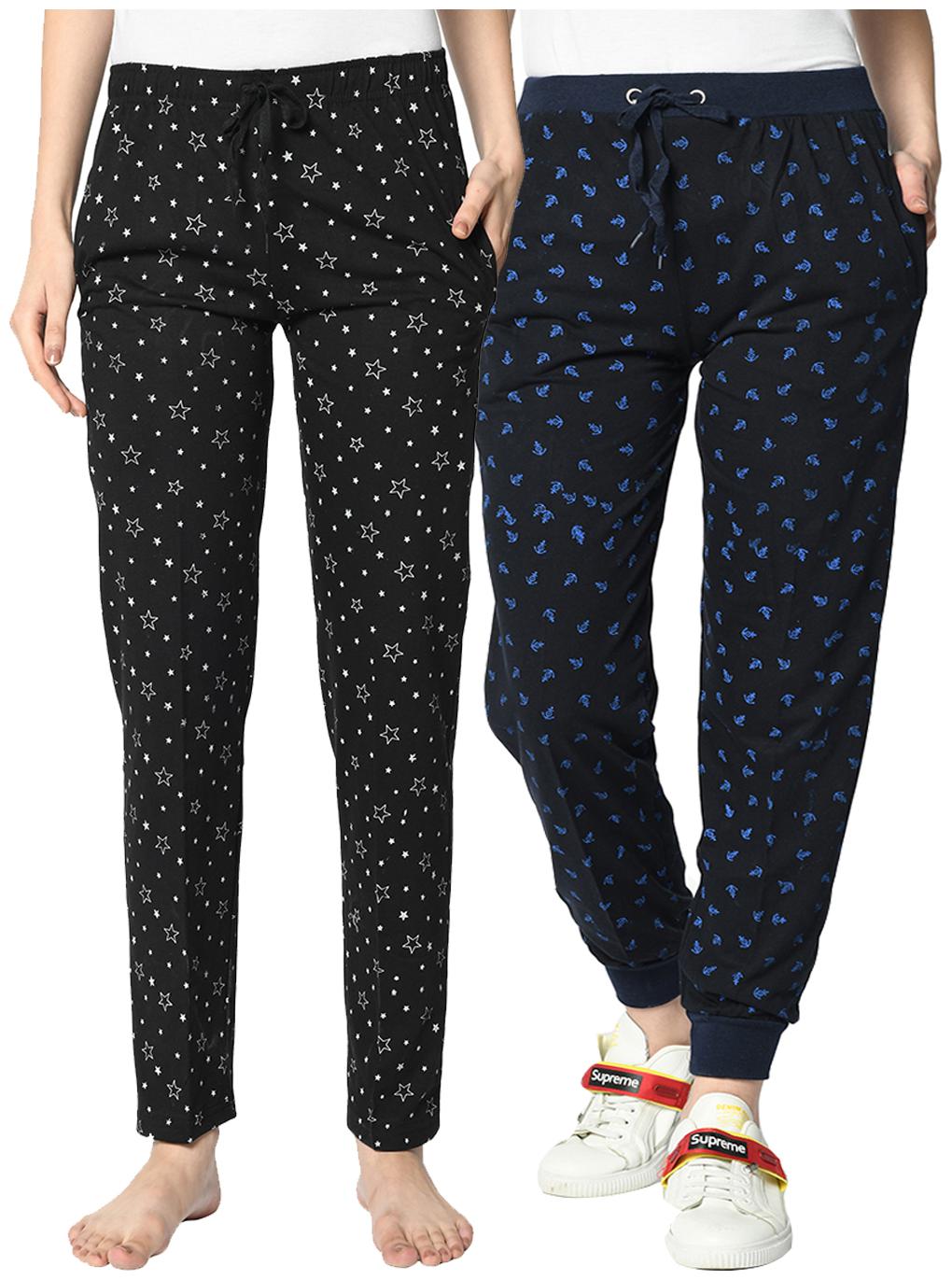 

VIMAL JONNEY Cotton Blend Printed Black Blue Color Track Pants For Women (Pack Of 2)