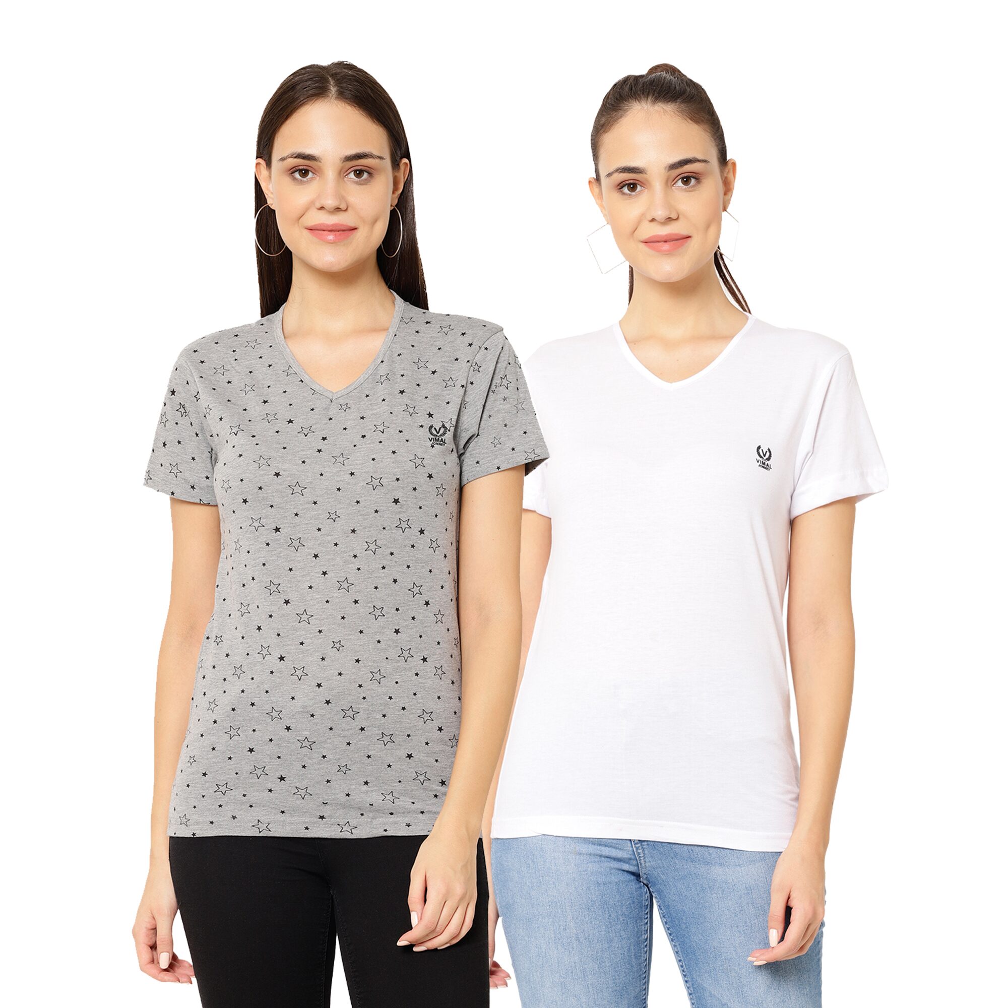 

VIMAL JONNEY Women Grey White Regular fit V neck Cotton blend T shirt