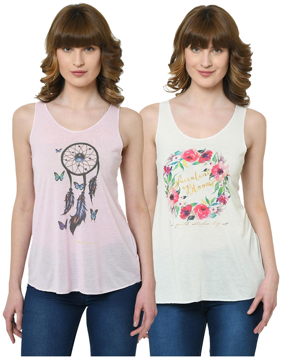 

VIMAL JONNEY Women Pink Cream Regular fit U neck Polyester Tank top