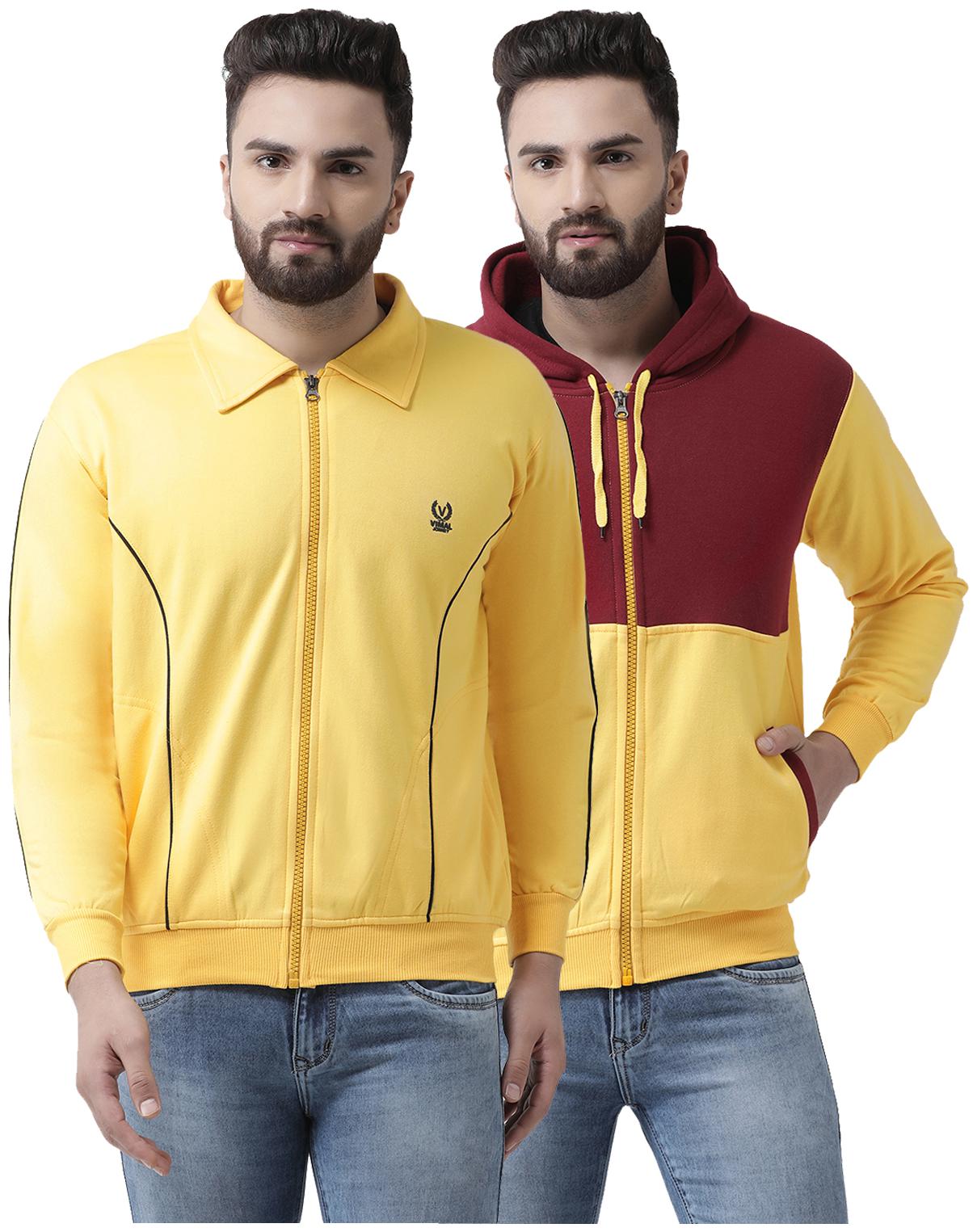 

VIMAL JONNEY Men Cotton Solid Sweatshirt Yellow Maroon