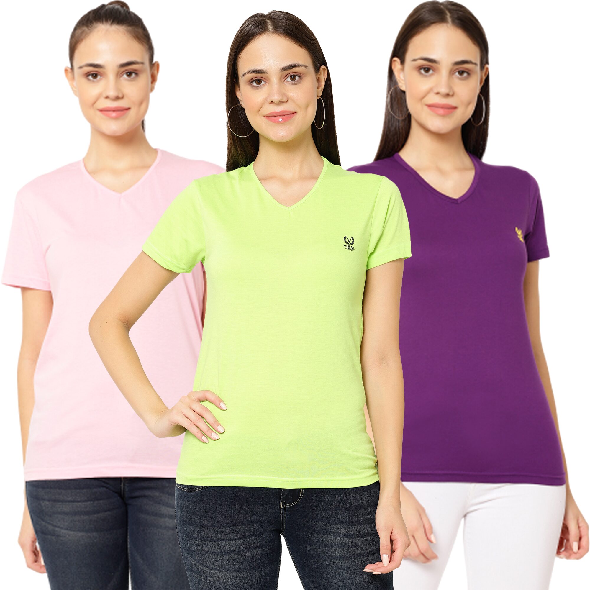 

VIMAL JONNEY Women Multi Regular fit V neck Cotton T shirt