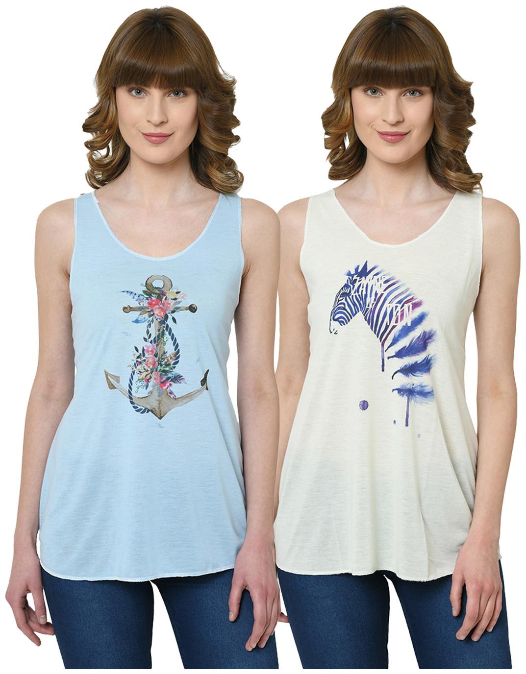 

VIMAL JONNEY Women Blue Cream Regular fit U neck Polyester Tank top