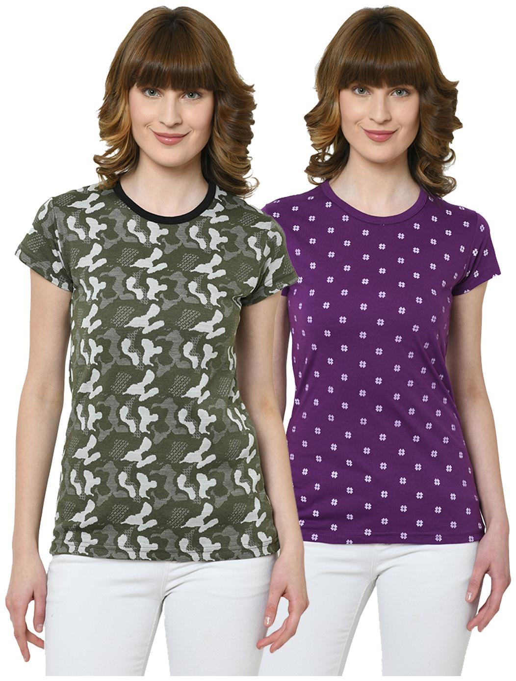 

VIMAL JONNEY Women Cotton Camouflage T Shirt Olive Purple
