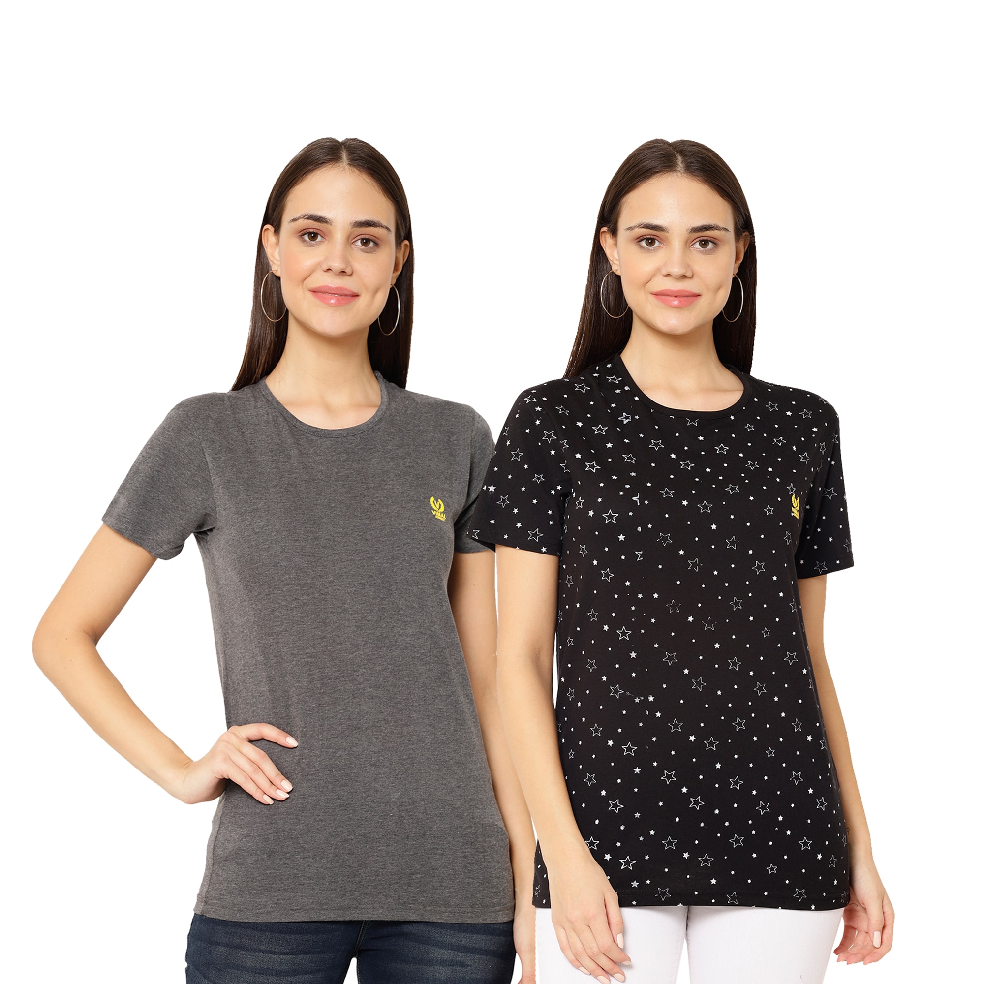 

VIMAL JONNEY Women Black Grey Regular fit Round neck Cotton T shirt