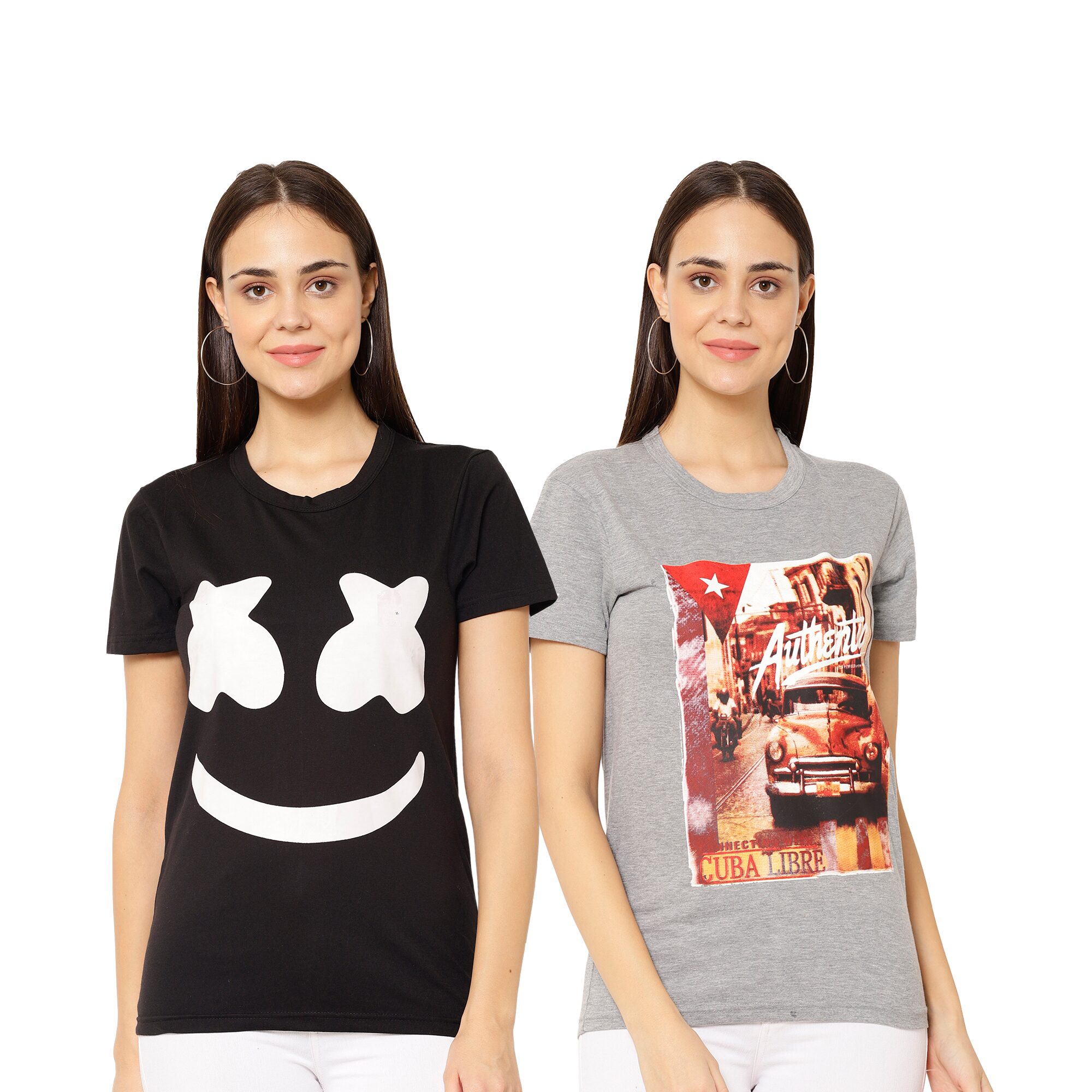 

VIMAL JONNEY Women Black Grey Regular fit Round neck Cotton blend T shirt