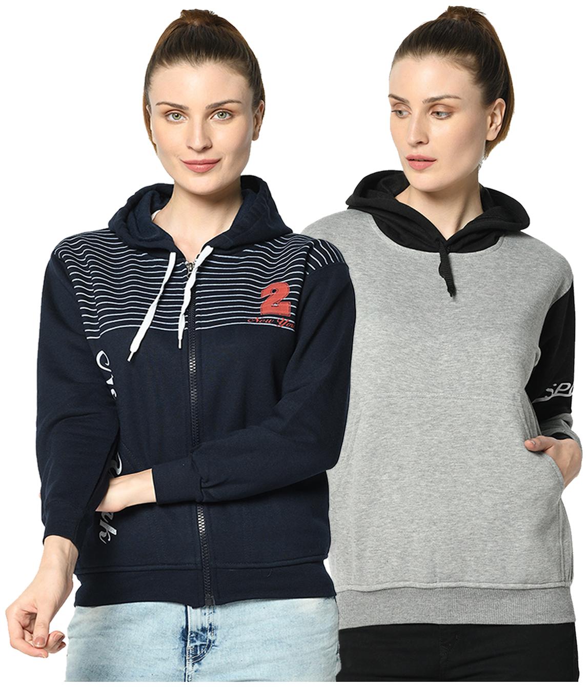 

VIMAL JONNEY Women Striped Hoodie - Blue Grey