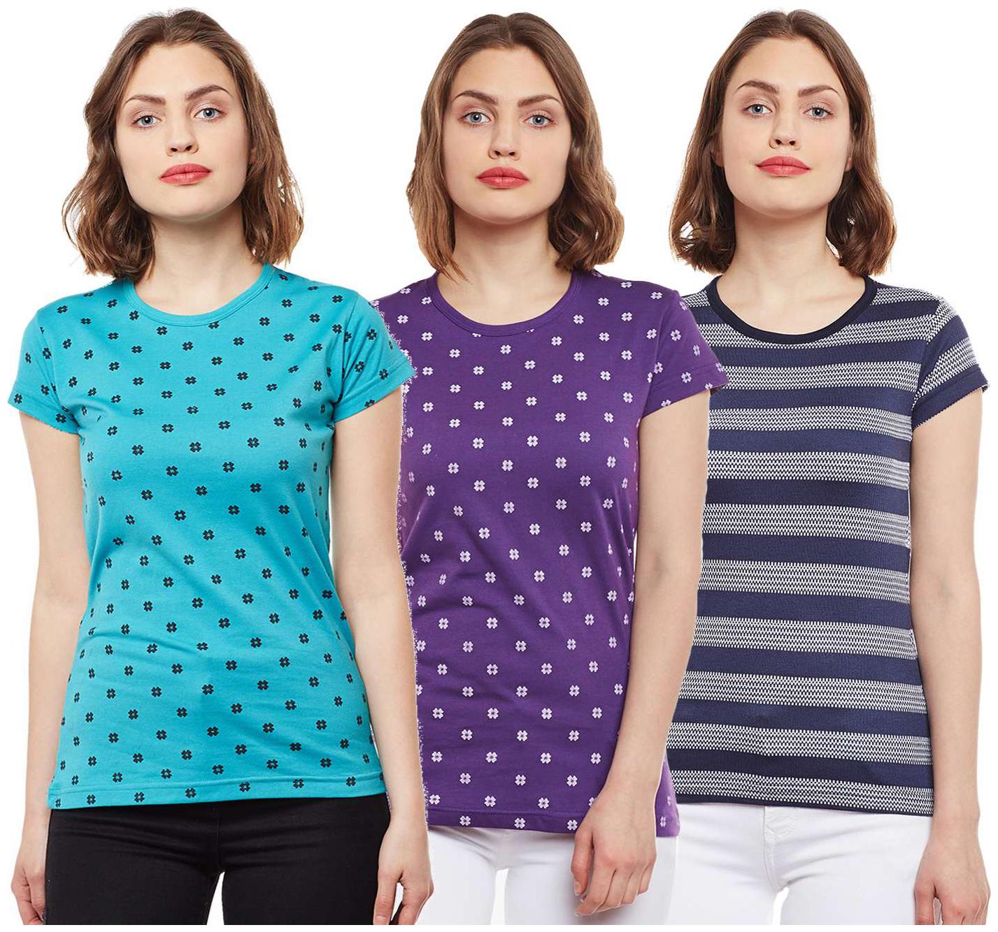 

VIMAL JONNEY Women Multi Regular fit Round neck Cotton T shirt