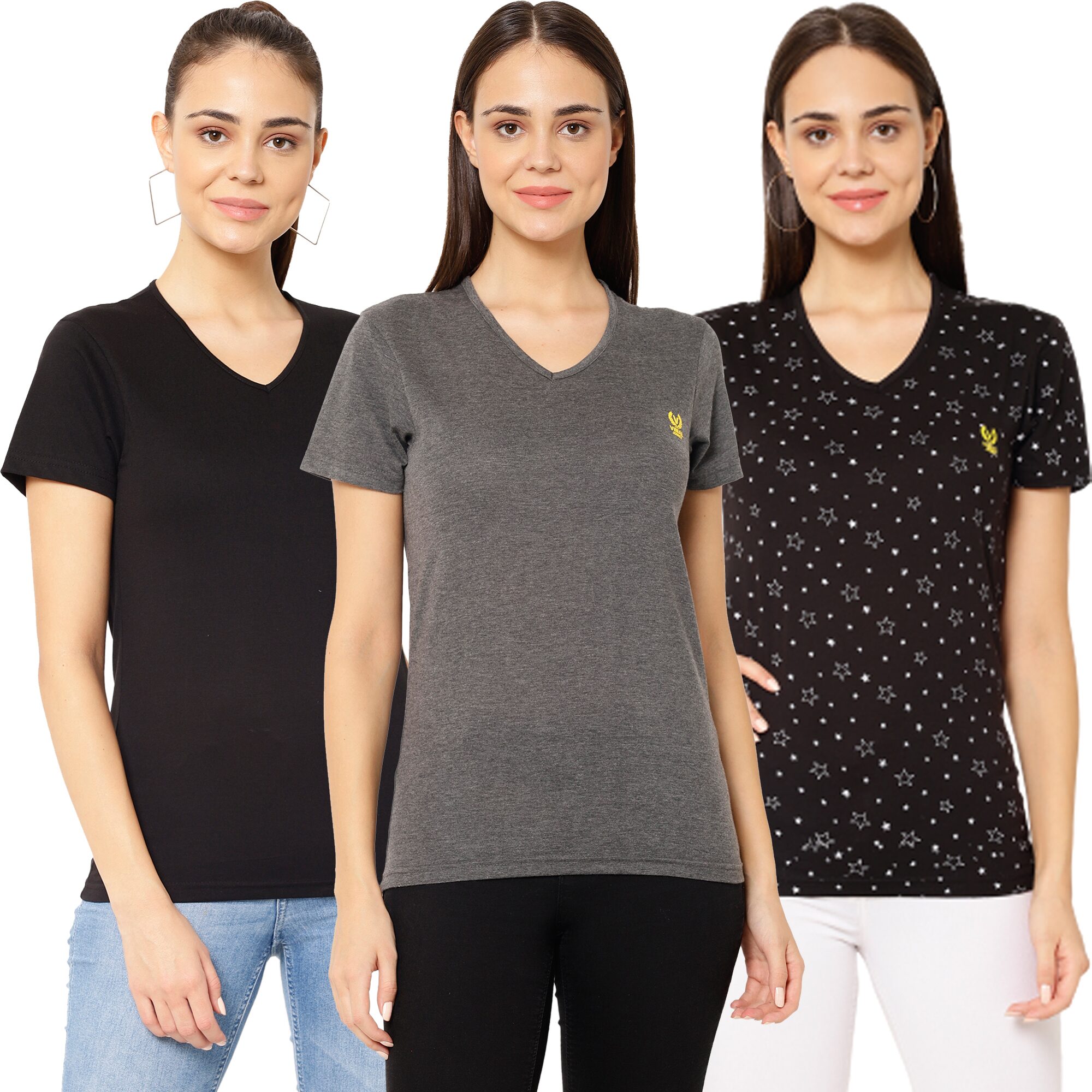 

VIMAL JONNEY Women Black Grey Regular fit V neck Cotton T shirt