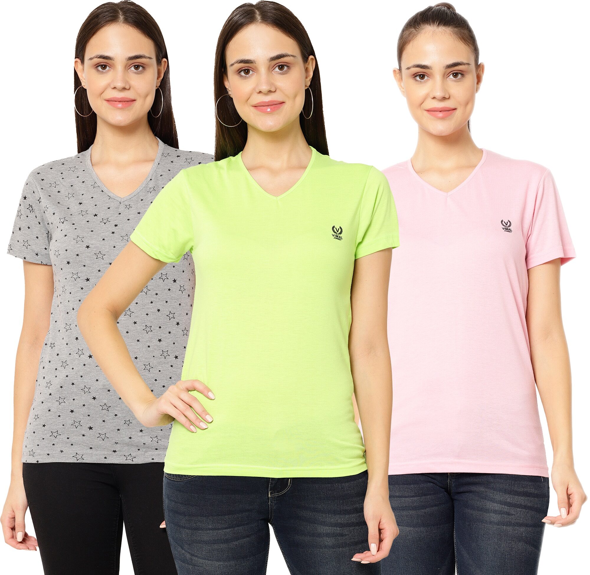 

VIMAL JONNEY Women Multi Regular fit V neck Cotton T shirt