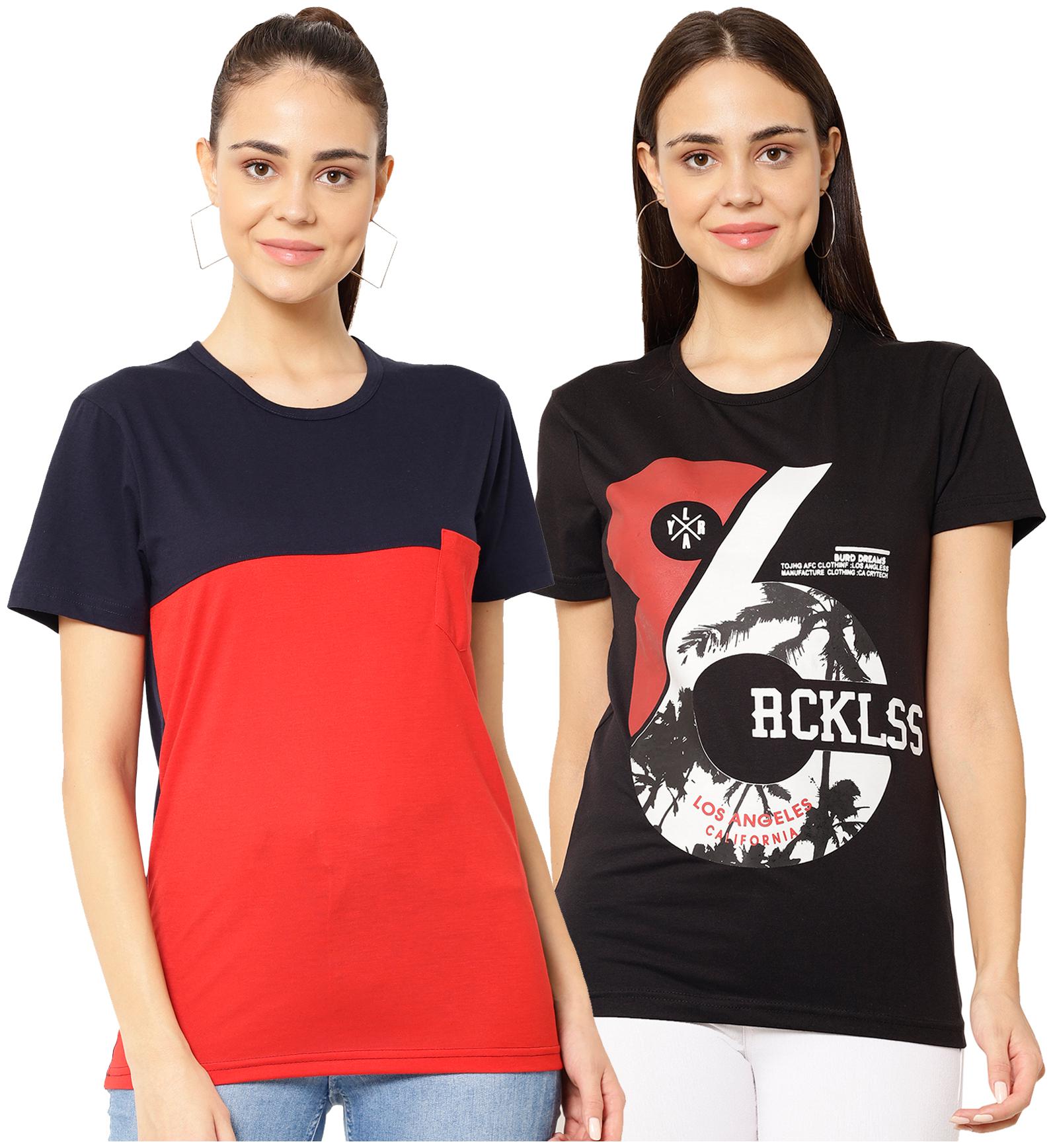 

VIMAL JONNEY Women Multi Regular fit Round neck Cotton blend T shirt