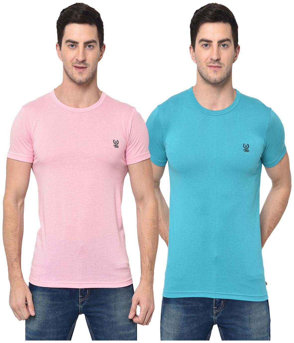 

VIMAL JONNEY Men Pink Turquoise Regular fit Cotton Blend Round neck T-Shirt - Pack Of 2