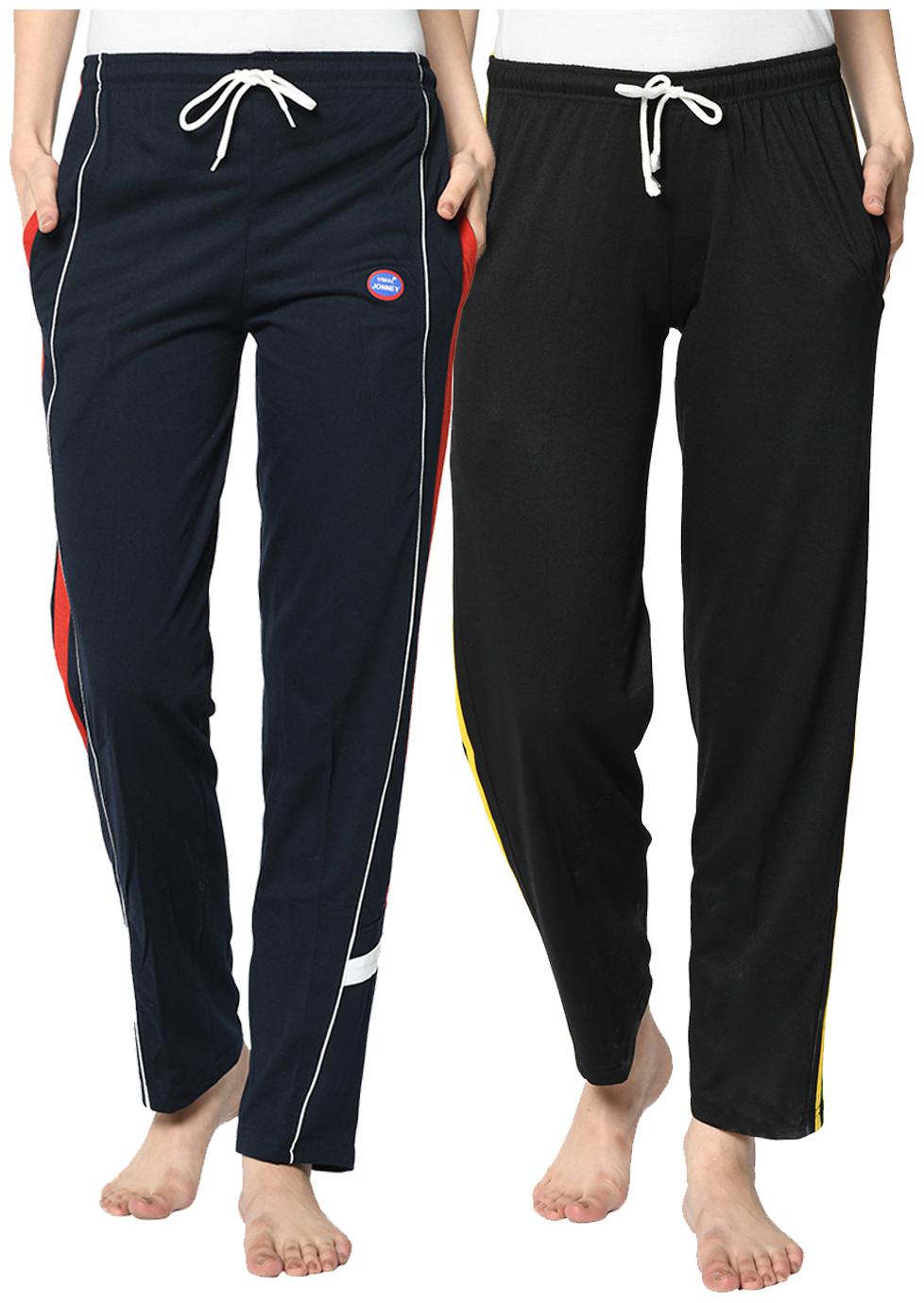 

VIMAL JONNEY Cotton Blend Solid Black Blue Color Track Pants For Women (Pack Of 2)