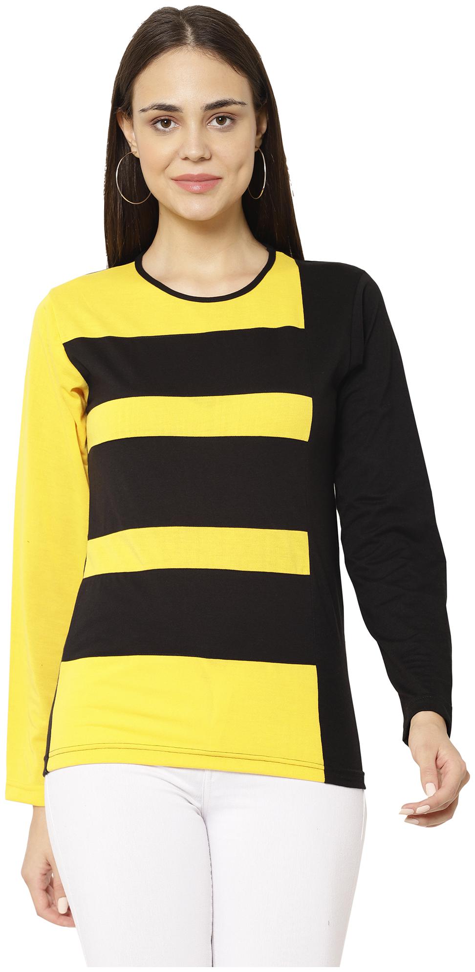 

VIMAL JONNEY Women Yellow Black Regular fit Round neck Blended T shirt