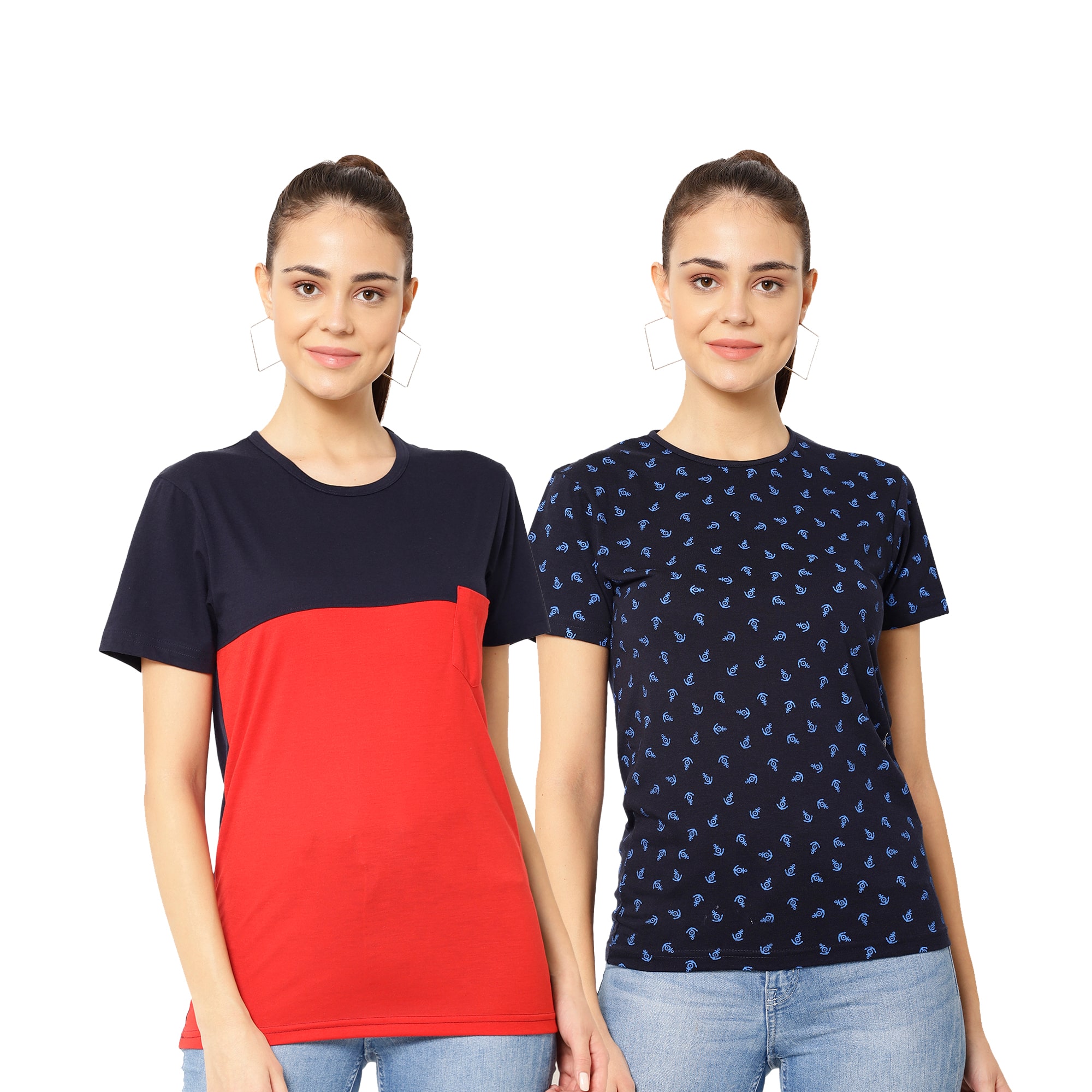 

VIMAL JONNEY Cotton Printed Red Navy Blue Color T-Shirt For Women (Pack Of 2)