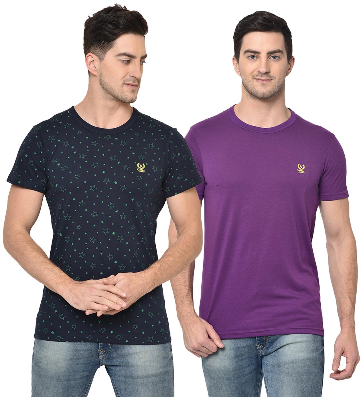 

VIMAL JONNEY Men Purple Navy blue Regular fit Cotton Blend Round neck T-Shirt - Pack Of 2