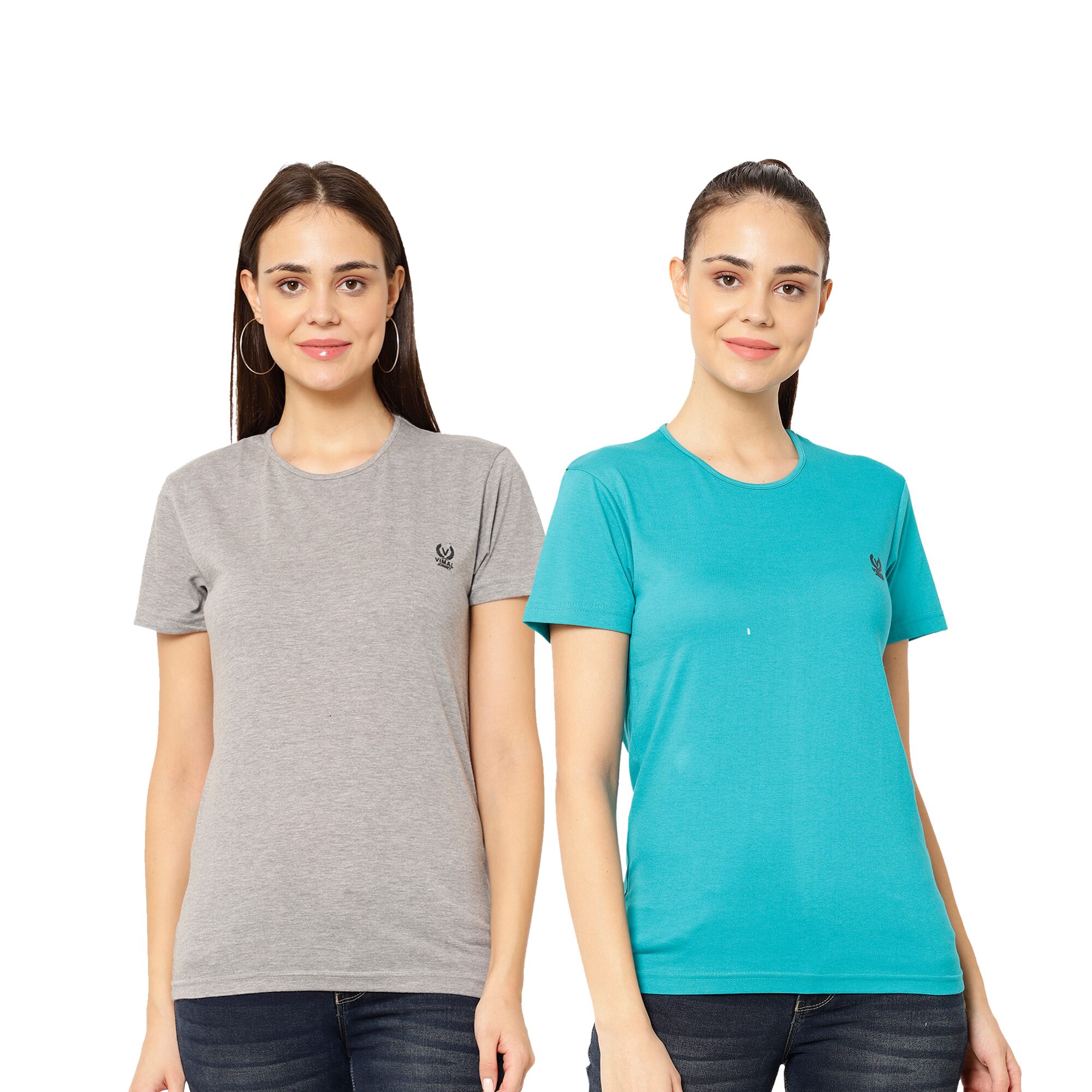 

VIMAL JONNEY Women Turquoise Grey Regular fit Round neck Cotton T shirt