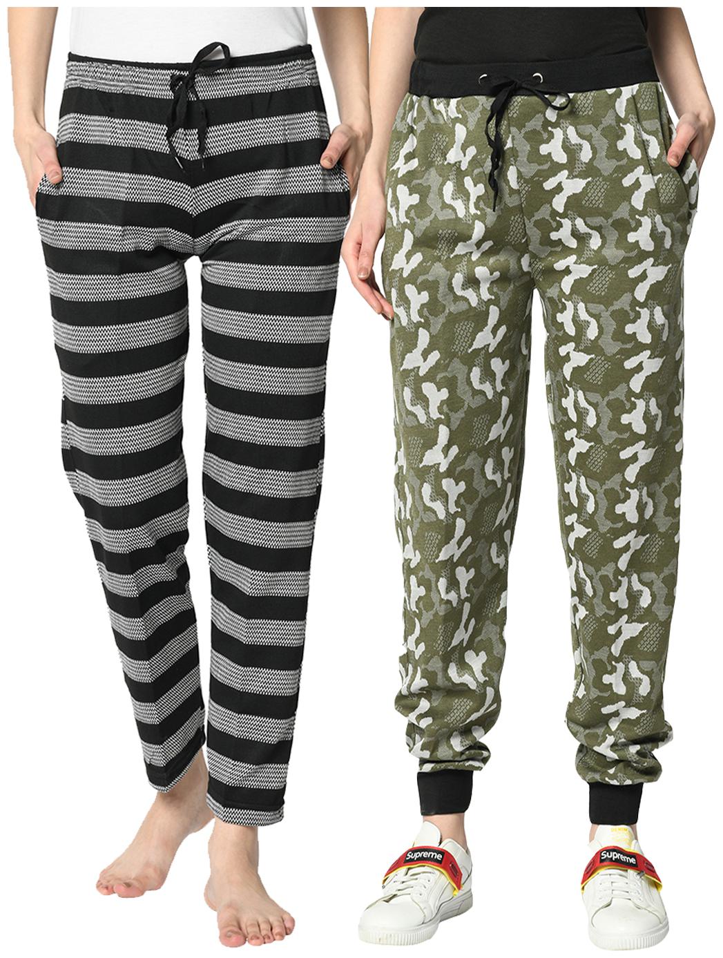 

VIMAL JONNEY Cotton Blend Striped Black Green Color Track Pants For Women (Pack Of 2)