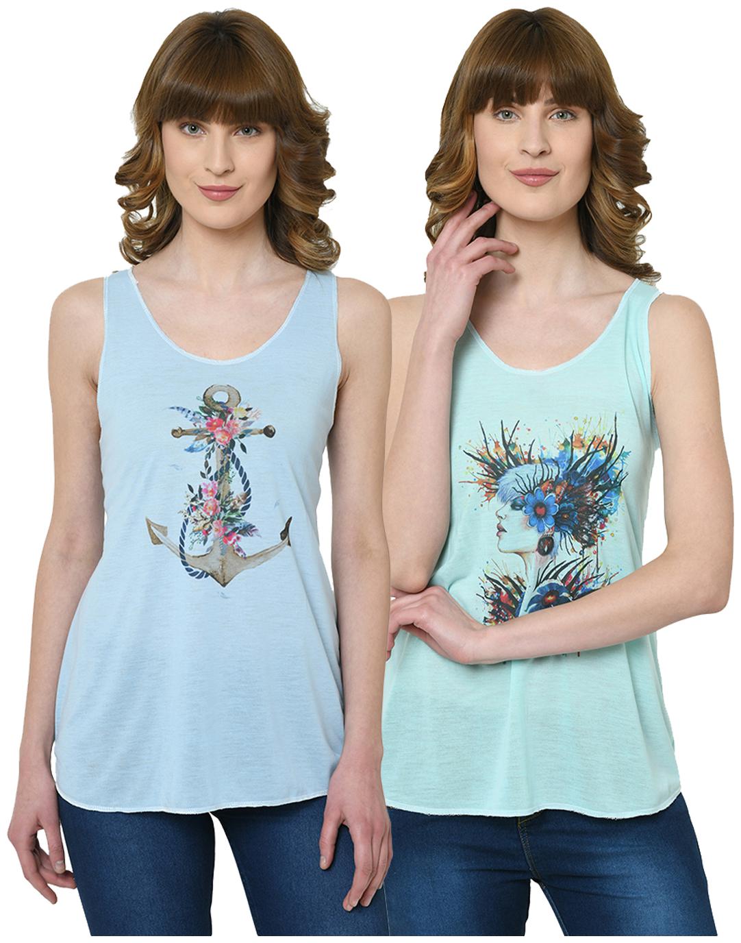

VIMAL JONNEY Women Blue Green Regular fit U neck Polyester Tank top
