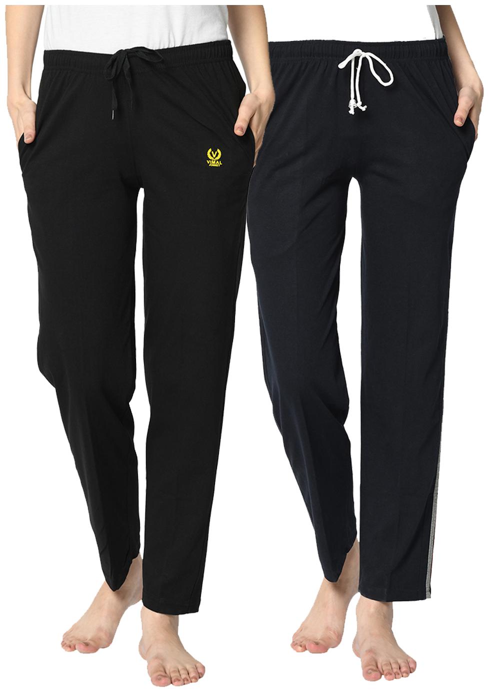 

VIMAL JONNEY Cotton Blend Solid Blue Black Color Track Pants For Women (Pack Of 2)