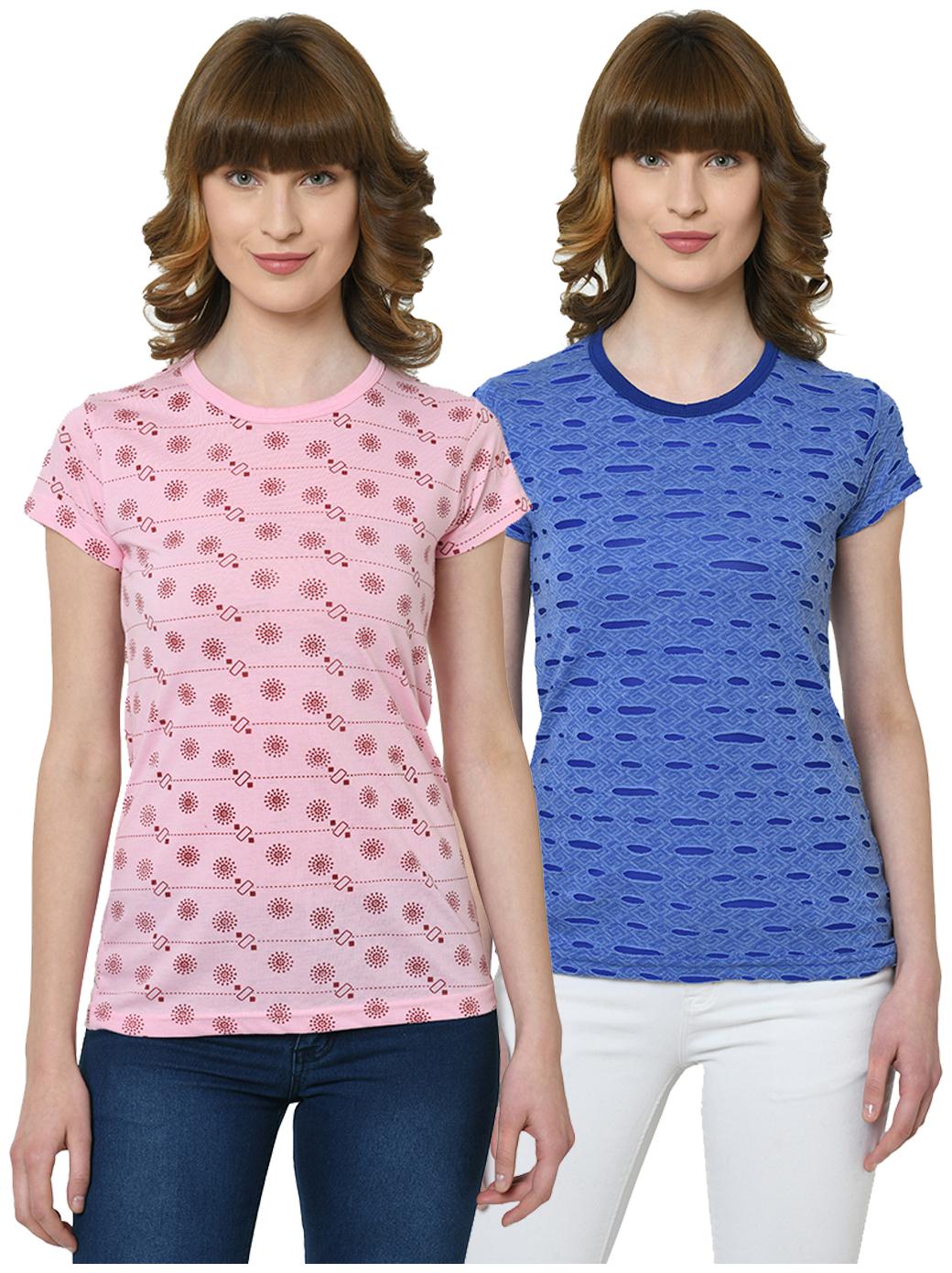 

VIMAL JONNEY Women Pink Blue Regular fit Round neck Cotton T shirt