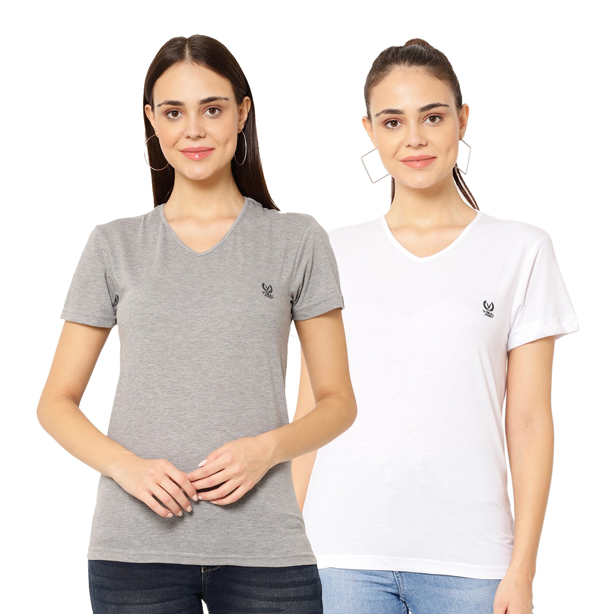 

VIMAL JONNEY Women Grey White Regular fit V neck Cotton blend T shirt