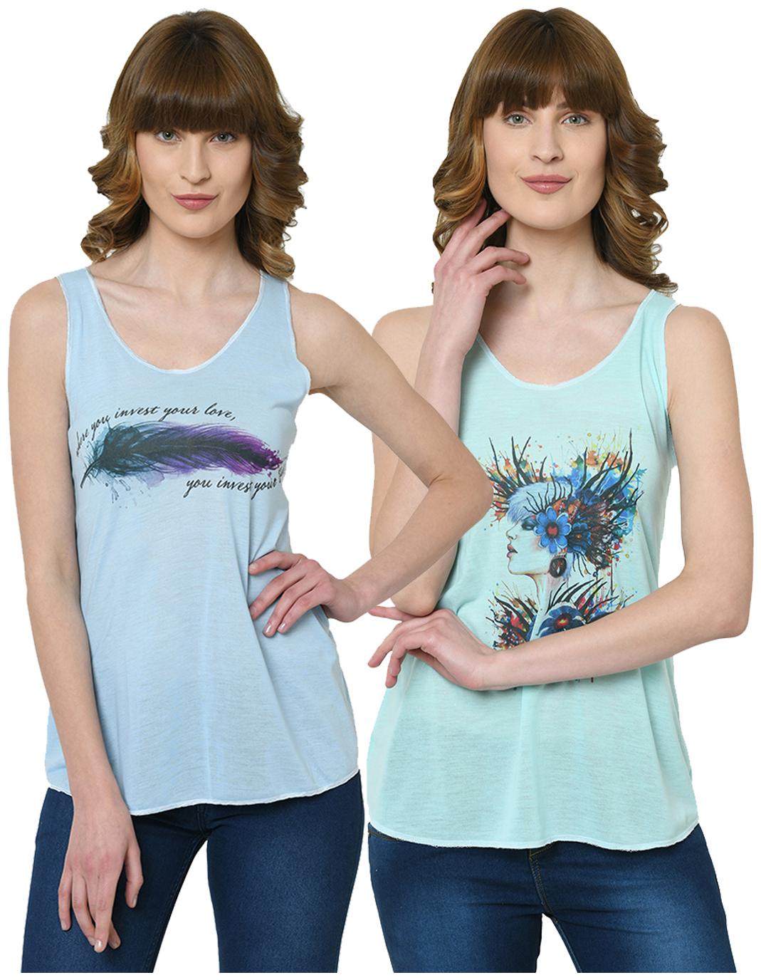 

VIMAL JONNEY Women Blue Green Regular fit U neck Polyester Tank top
