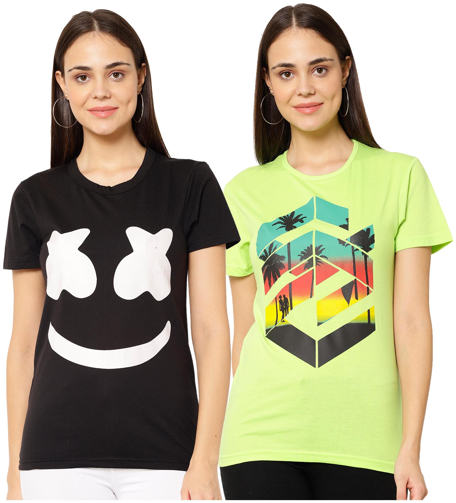 

VIMAL JONNEY Women Black Green Regular fit Round neck Cotton blend T shirt