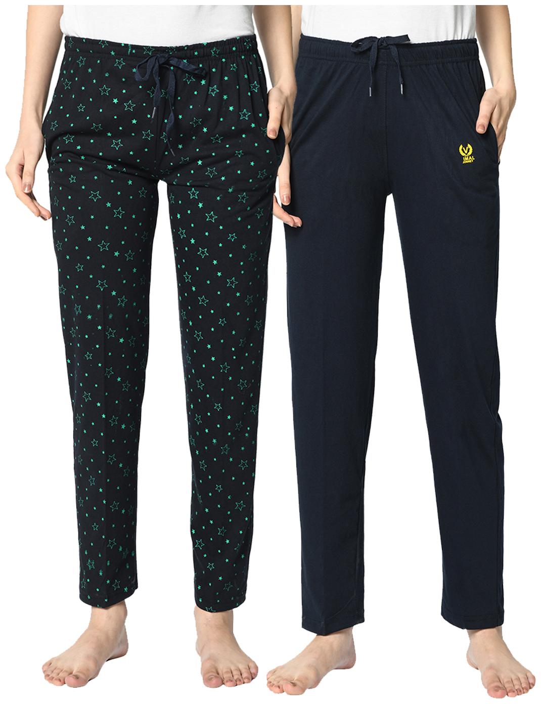 

VIMAL JONNEY Cotton Blend Printed Blue Color Track Pants For Women (Pack Of 2)