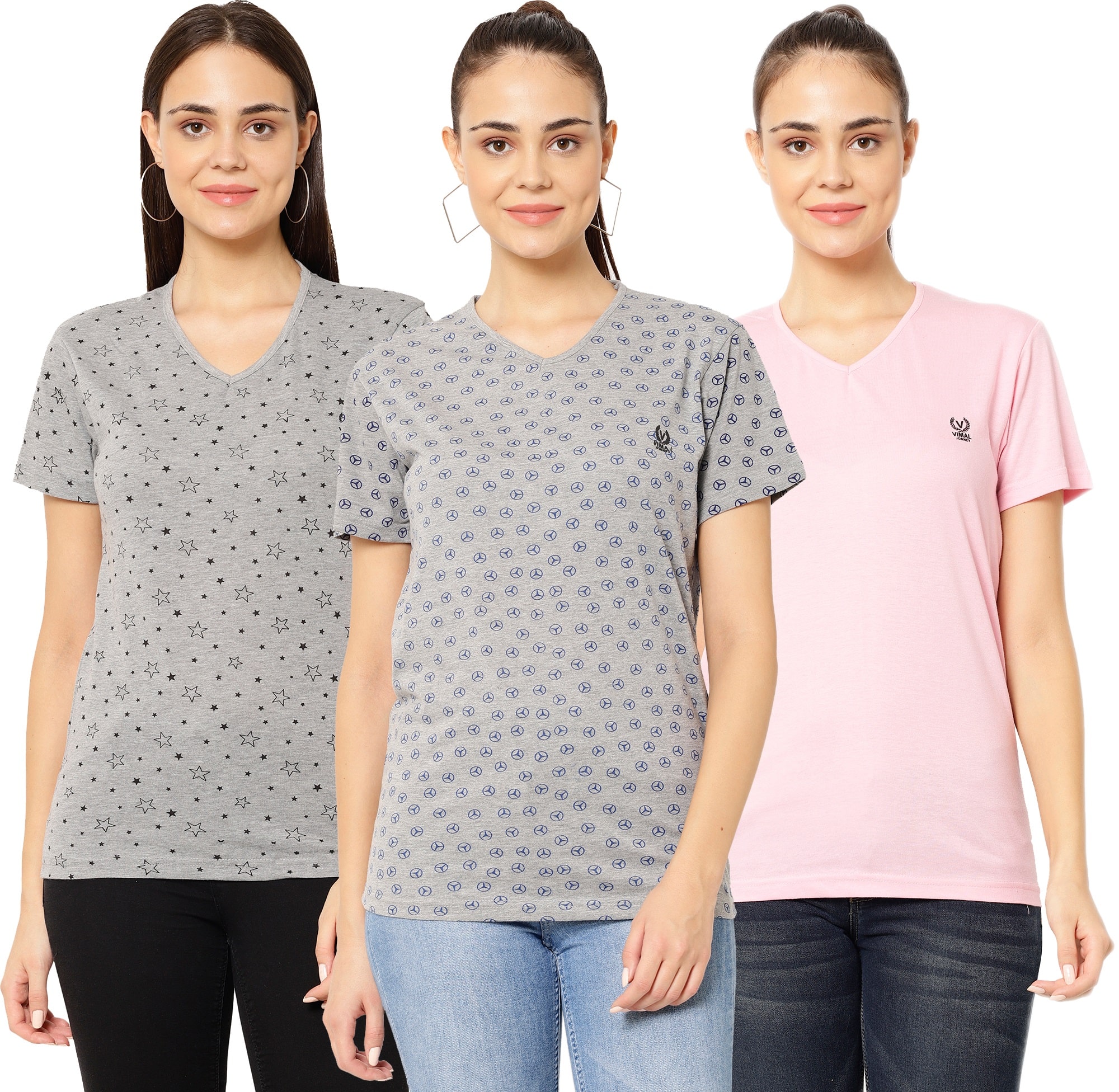 

VIMAL JONNEY Women Pink Grey Regular fit V neck Cotton T shirt