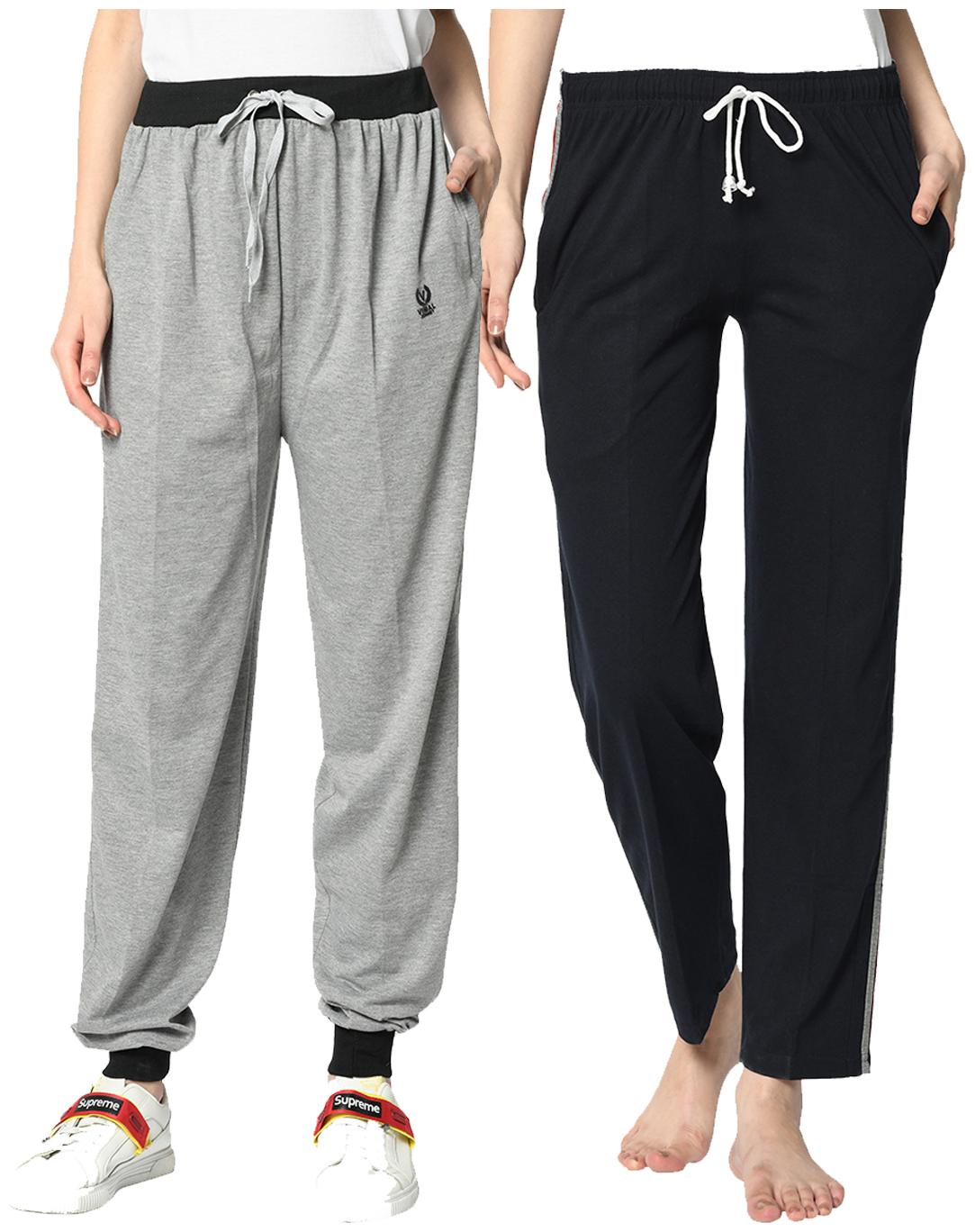 

VIMAL JONNEY Cotton Blend Solid Blue Grey Color Track Pants For Women (Pack Of 2)