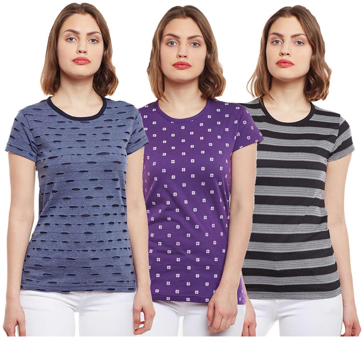 

VIMAL JONNEY Women Multi Regular fit Round neck Cotton T shirt