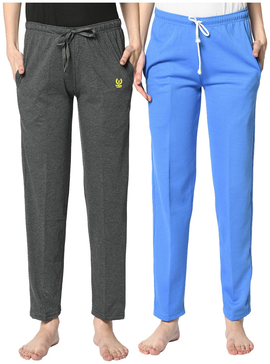 

VIMAL JONNEY Cotton Blend Solid Blue Grey Color Track Pants For Women (Pack Of 2)