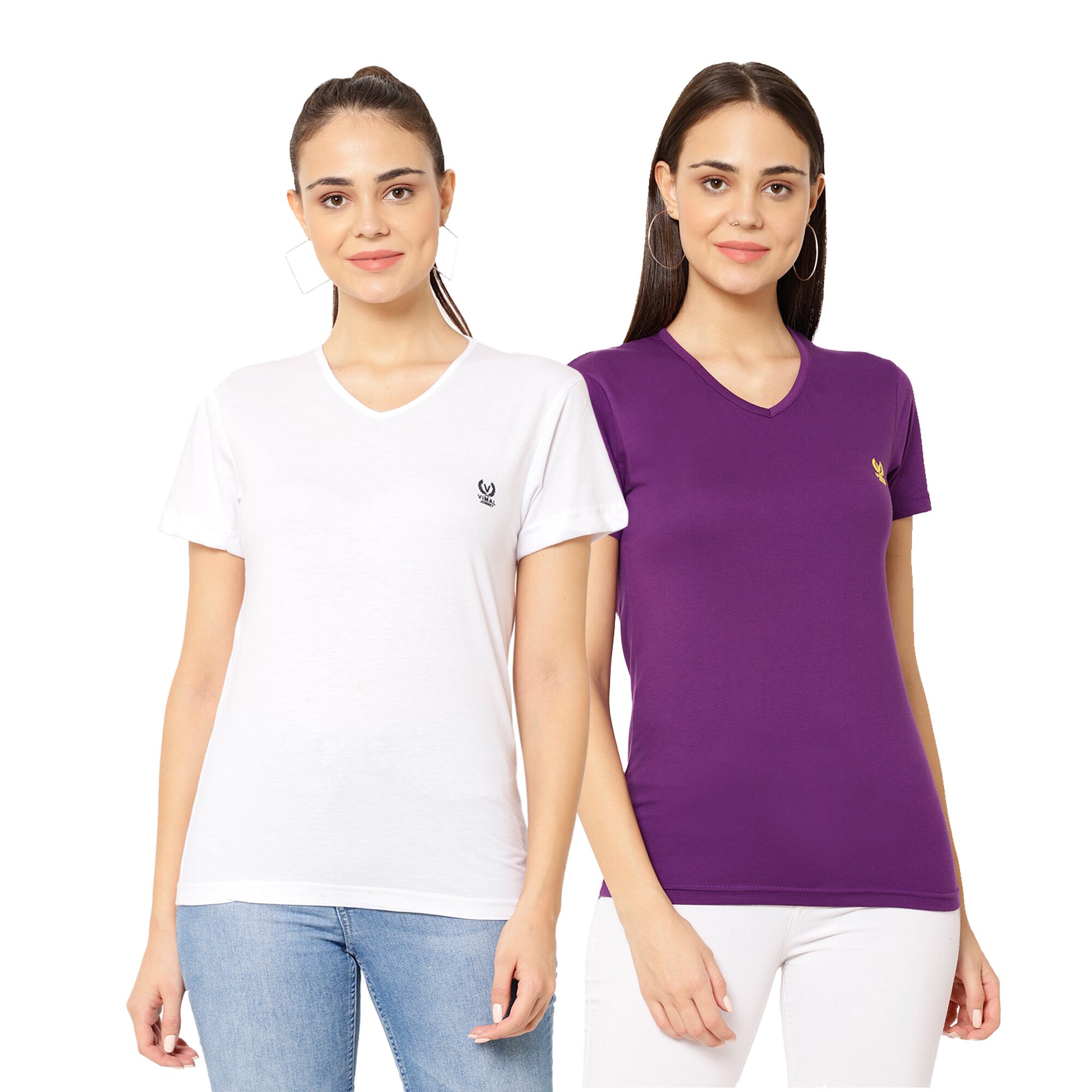 

VIMAL JONNEY Women White Purple Regular fit V neck Cotton blend T shirt