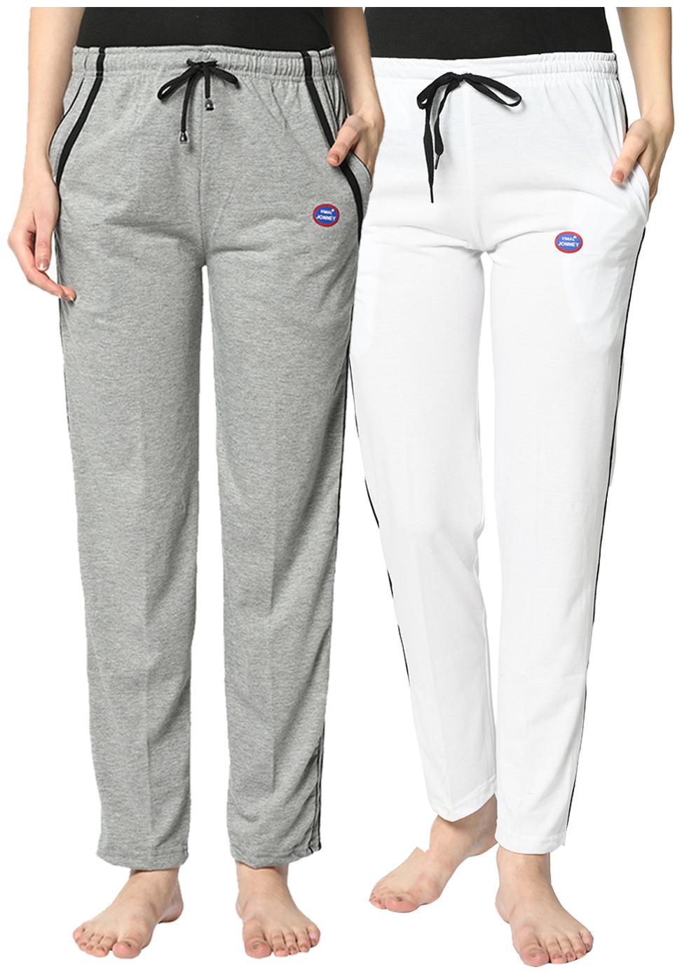 

VIMAL JONNEY Cotton Blend Solid White Grey Color Track Pants For Women (Pack Of 2)