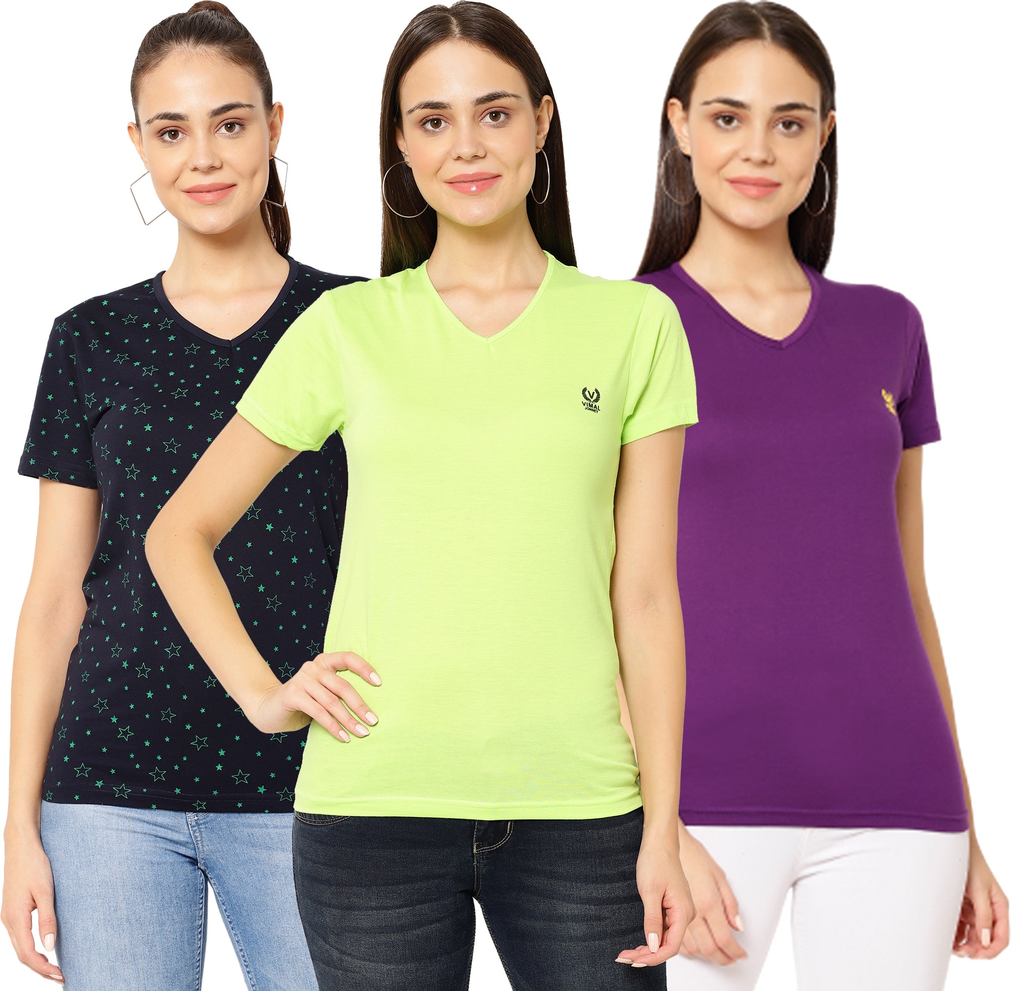 

VIMAL JONNEY Women Multi Regular fit V neck Cotton T shirt