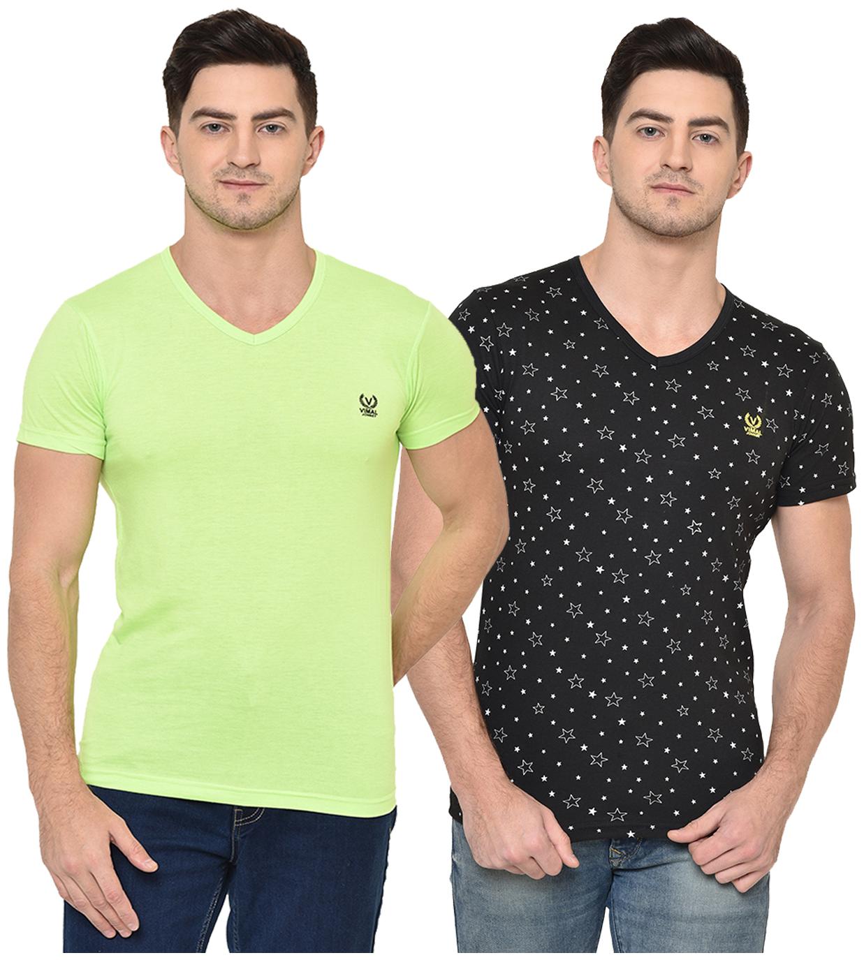 

VIMAL JONNEY Men Green Black Regular fit Cotton Blend V neck T-Shirt - Pack Of 2