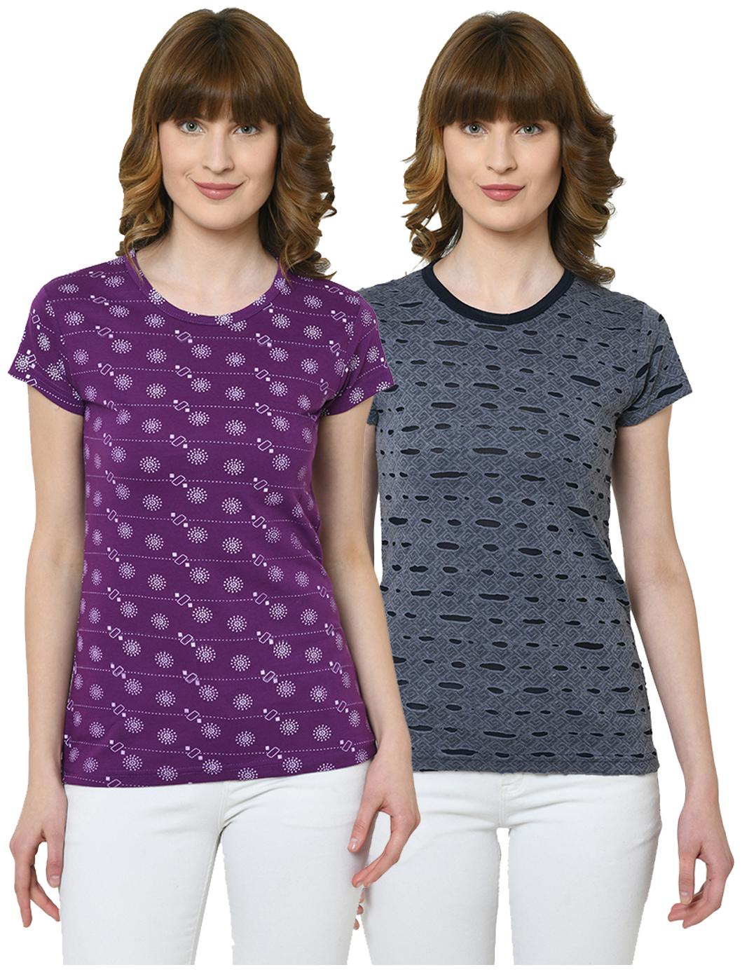

VIMAL JONNEY Women Cotton Printed Purple Navy Blue T Shirt