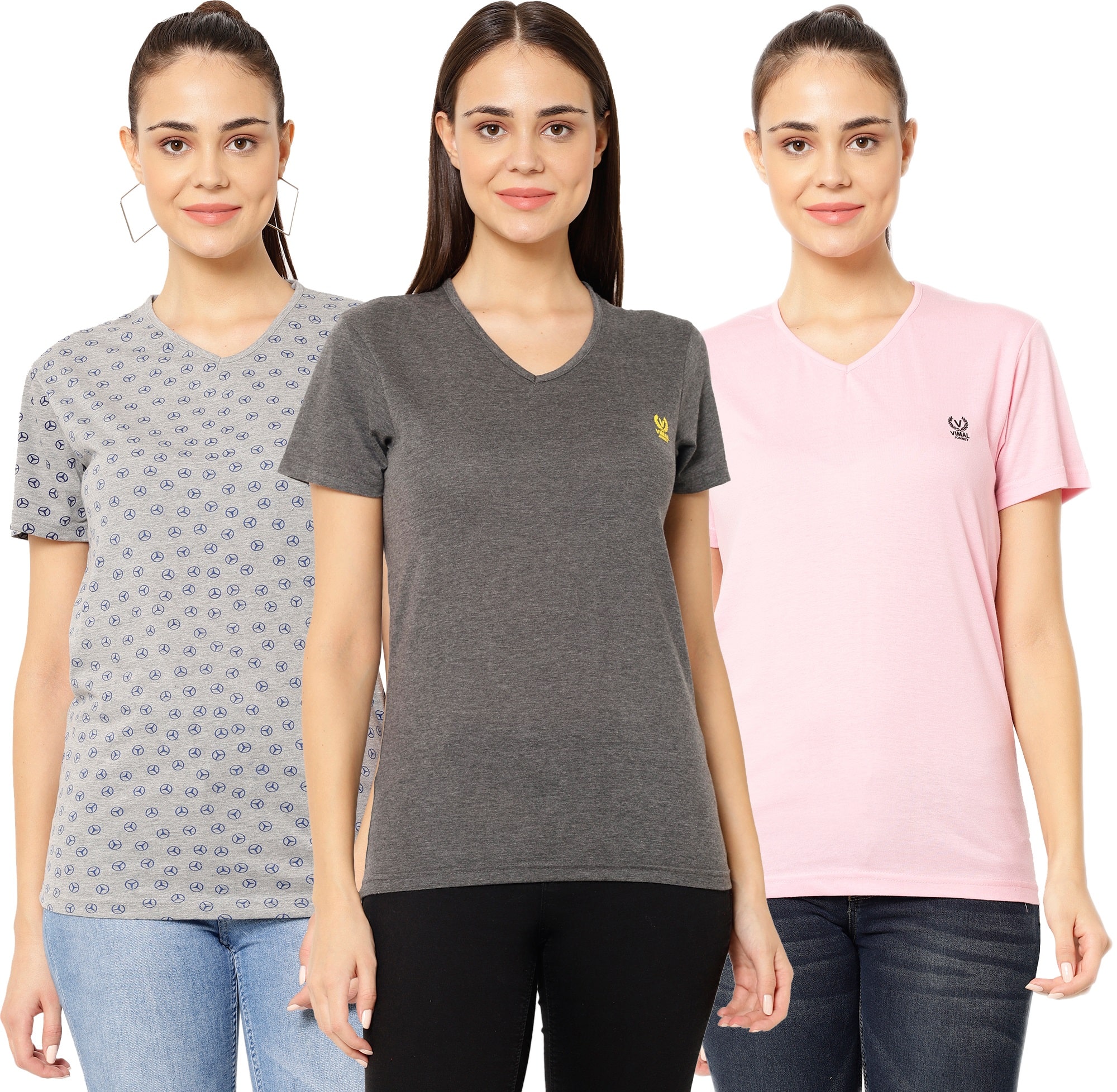 

VIMAL JONNEY Women Grey Pink Regular fit V neck Cotton T shirt