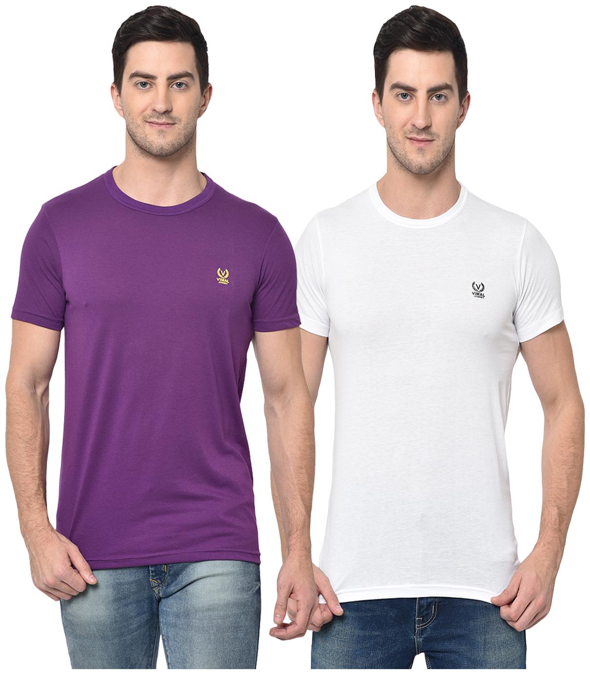 

VIMAL JONNEY Men Purple White Regular fit Cotton Blend Round neck T-Shirt - Pack Of 2