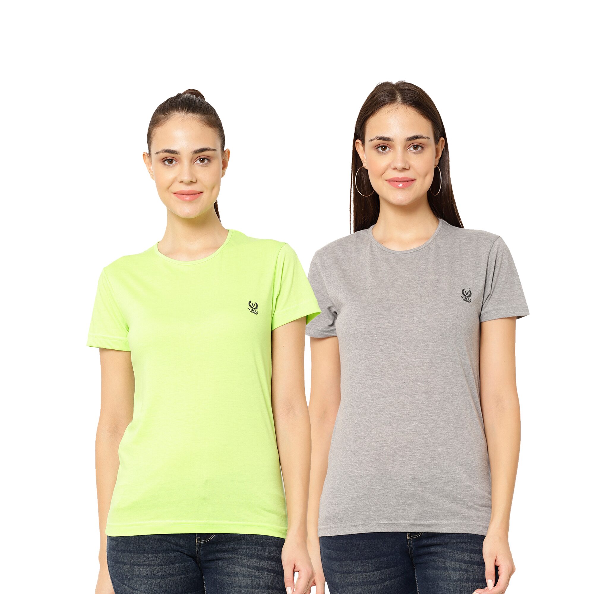 

VIMAL JONNEY Women Green Grey Regular fit Round neck Cotton T shirt