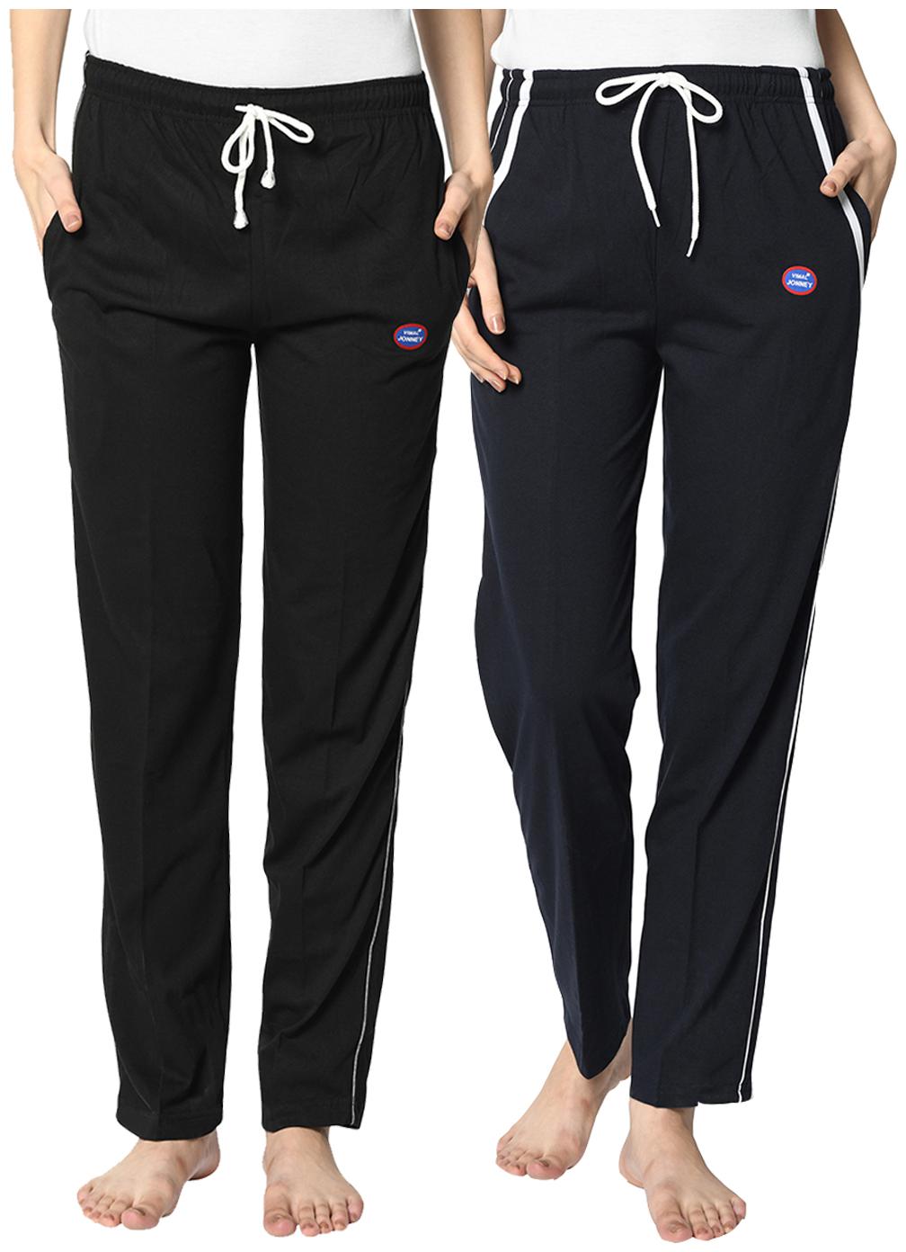 

VIMAL JONNEY Cotton Blend Solid Black Blue Color Track Pants For Women (Pack Of 2)
