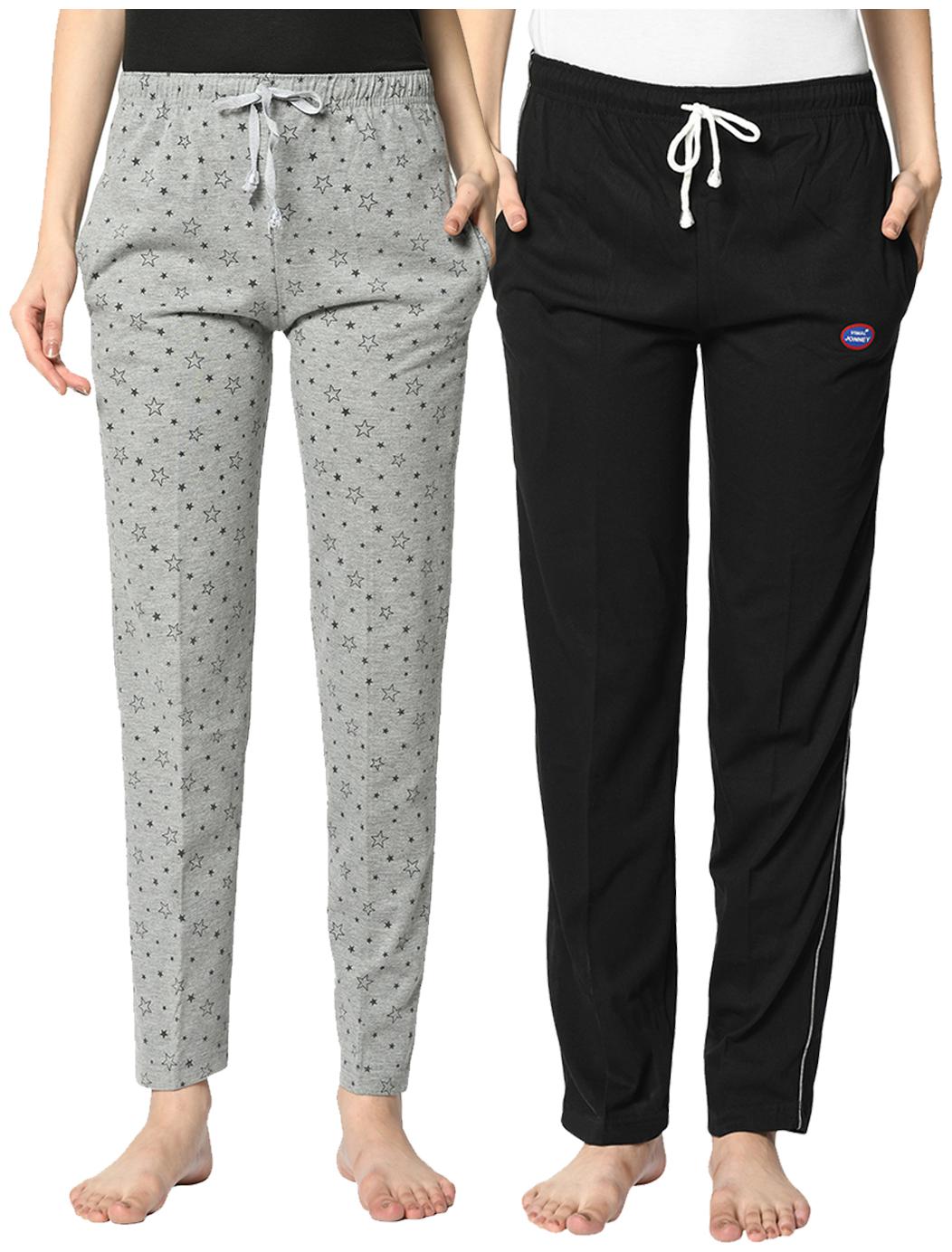 

VIMAL JONNEY Cotton Blend Printed Grey Black Color Track Pants For Women (Pack Of 2)