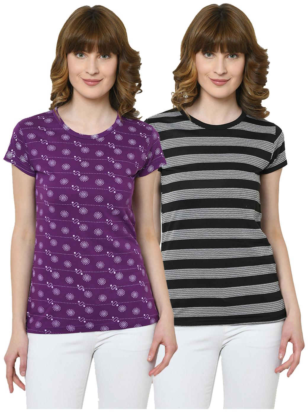 

VIMAL JONNEY Women Purple Black Regular fit Round neck Cotton T shirt