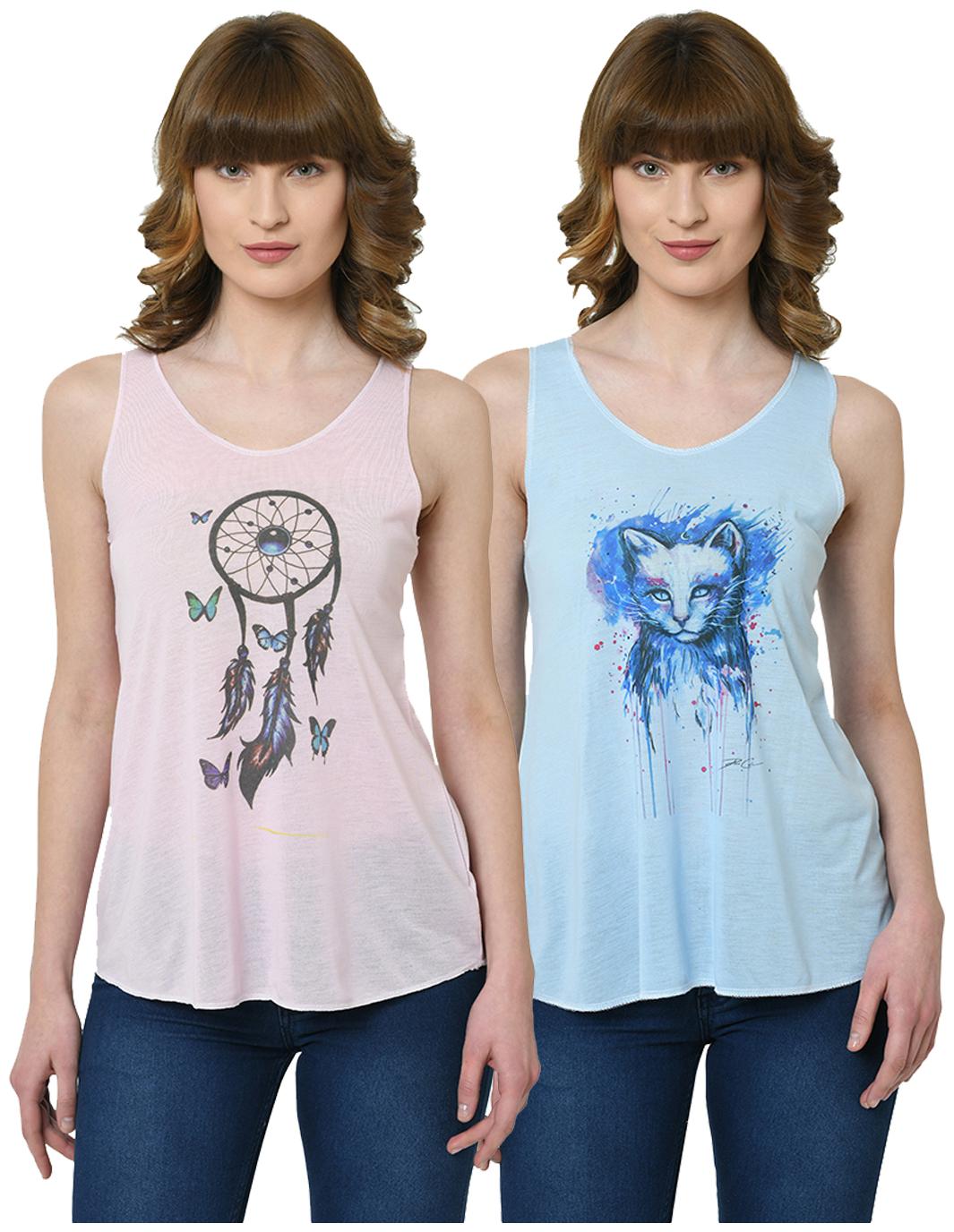

VIMAL JONNEY Women Pink Blue Regular fit U neck Polyester Tank top