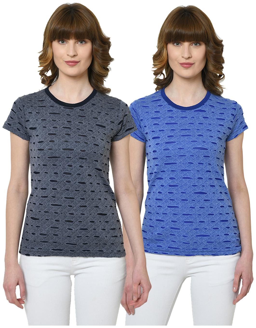

VIMAL JONNEY Women Cotton Self Design T Shirt Navy Blue Blue