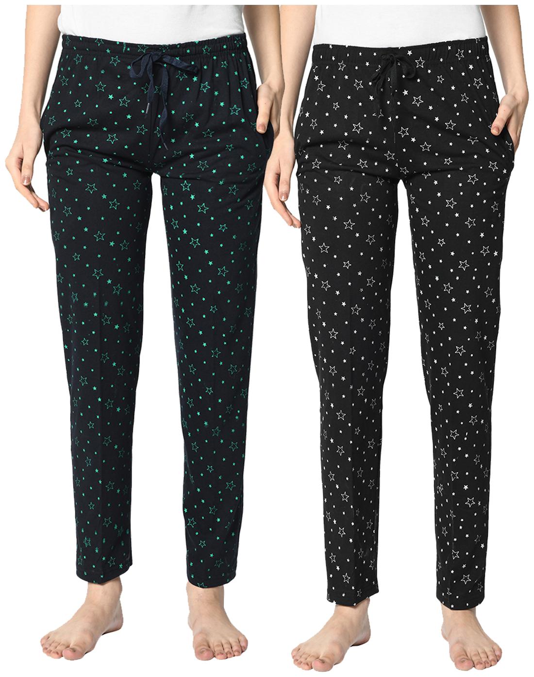 

VIMAL JONNEY Cotton Blend Printed Black Blue Color Track Pants For Women (Pack Of 2)